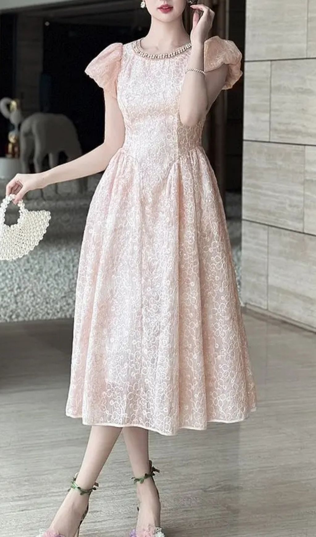 6aba07a1e72aa943a1fb8cd48492f4f6 Pearl Neck Puff Sleeve Flared Lace Midi Dress - Pink
