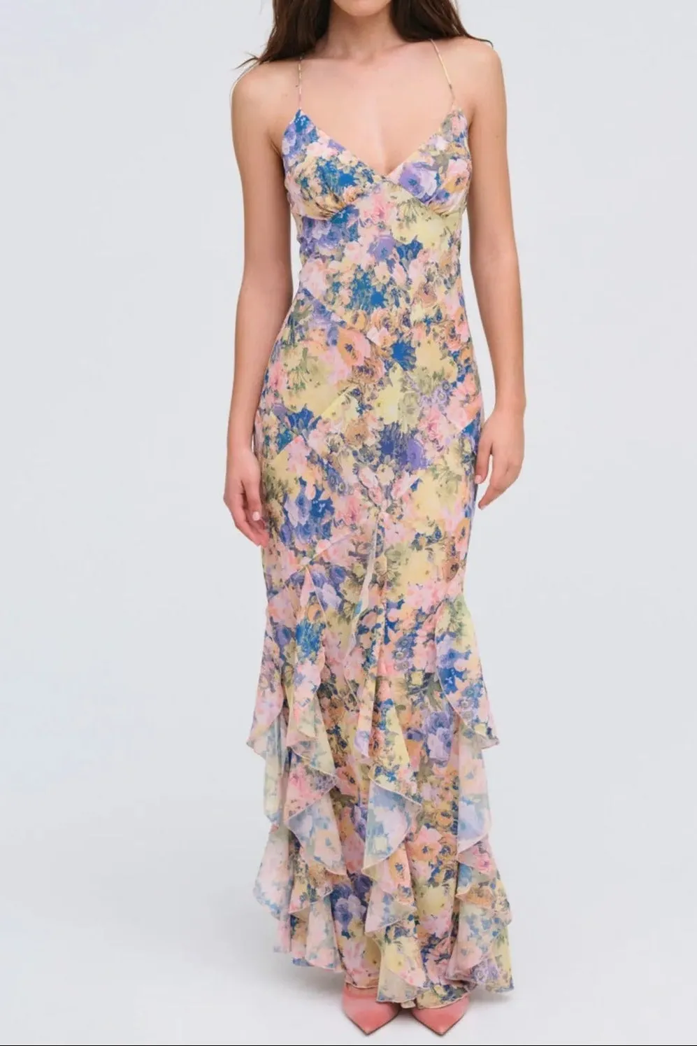 Rebecca Floral Print Ruffle Backless Maxi Dress - Blue