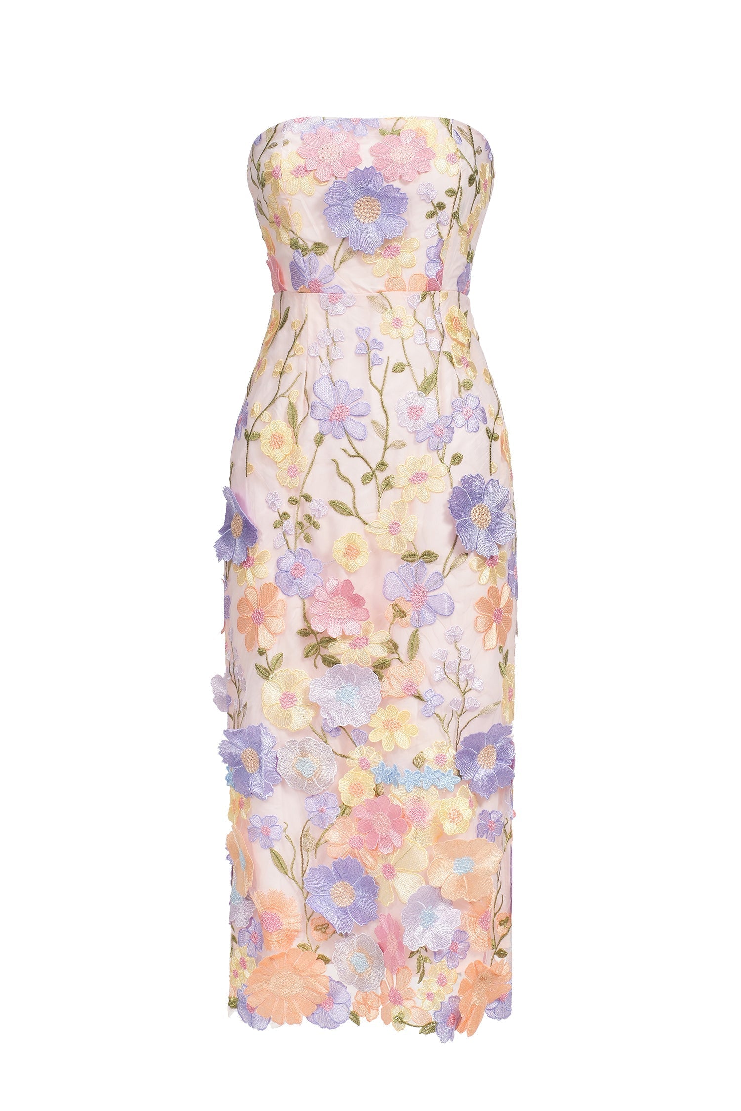 Strapless Pastel 3D Floral Applique Mesh Midi Dress - OWNCI Strapless Pastel 3D Floral Applique Mesh Midi Dress - OWNCI