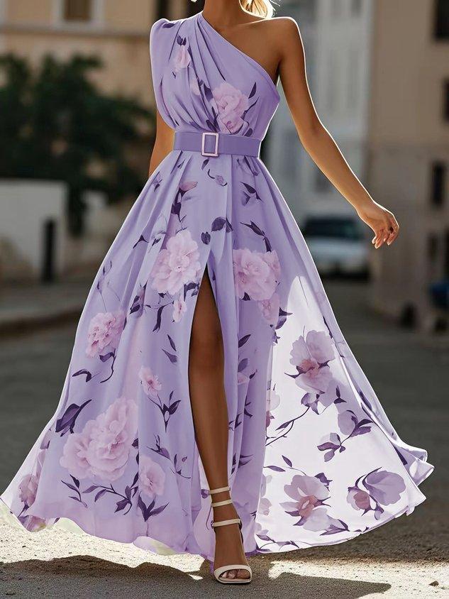 6b88c2907e75c47d34ce45e09031593e Light Green Floral Ruched One Shoulder A-Line Maxi Chiffon Dress