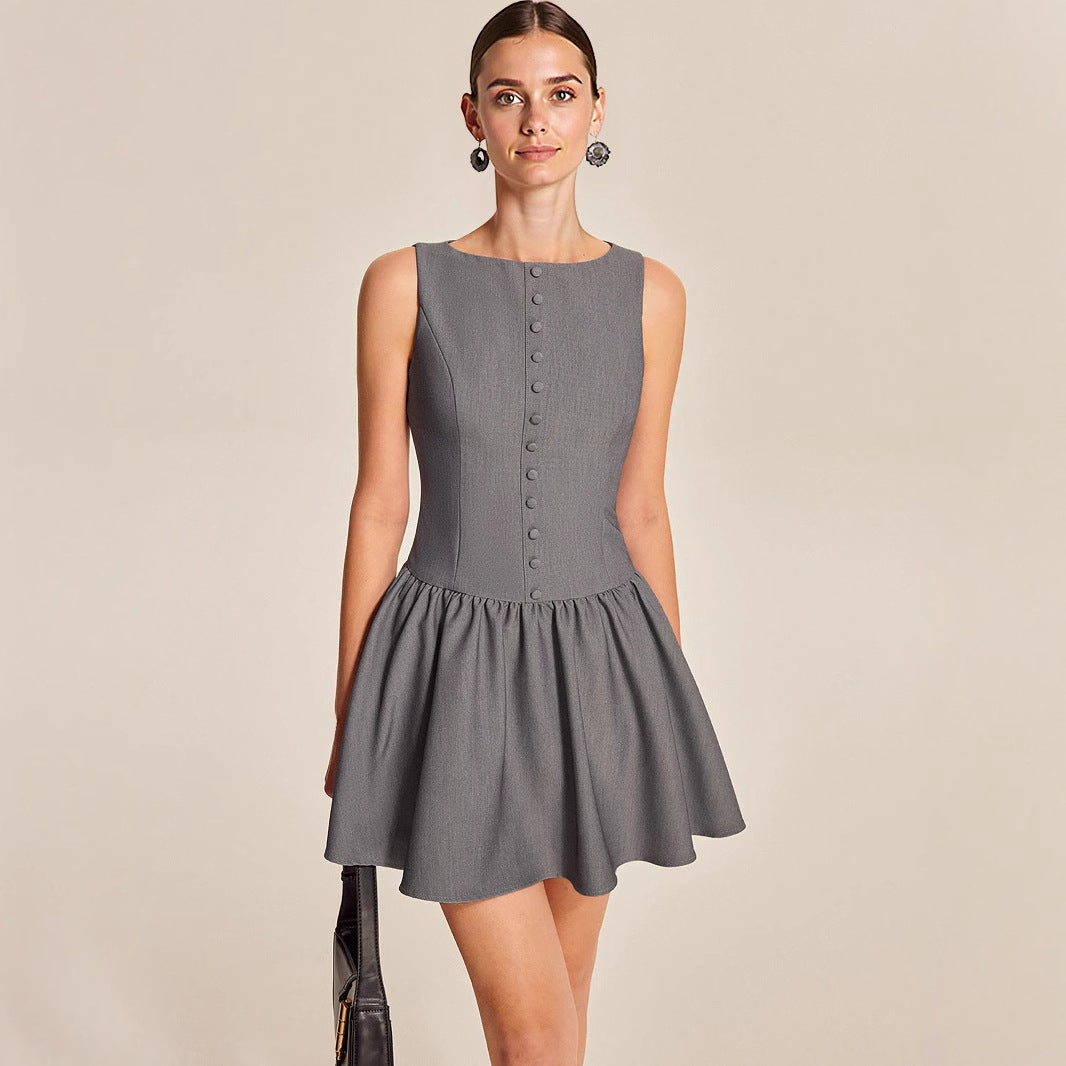 Grey Boat Neck Sleeveless Button Front Gathered Flare Mini Dress