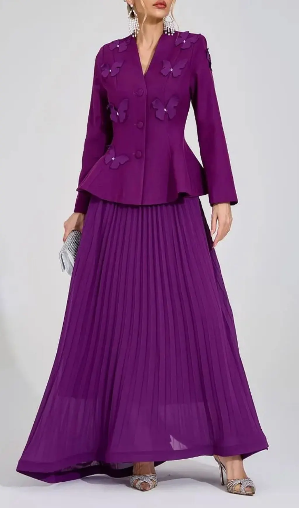 Sabrina Floral Embroidered Coat Maxi Skirt Set - Purple