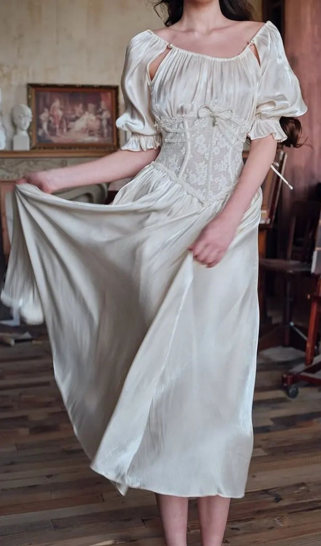 Square Neck Puff Sleeve Lace Satin Maxi Dress