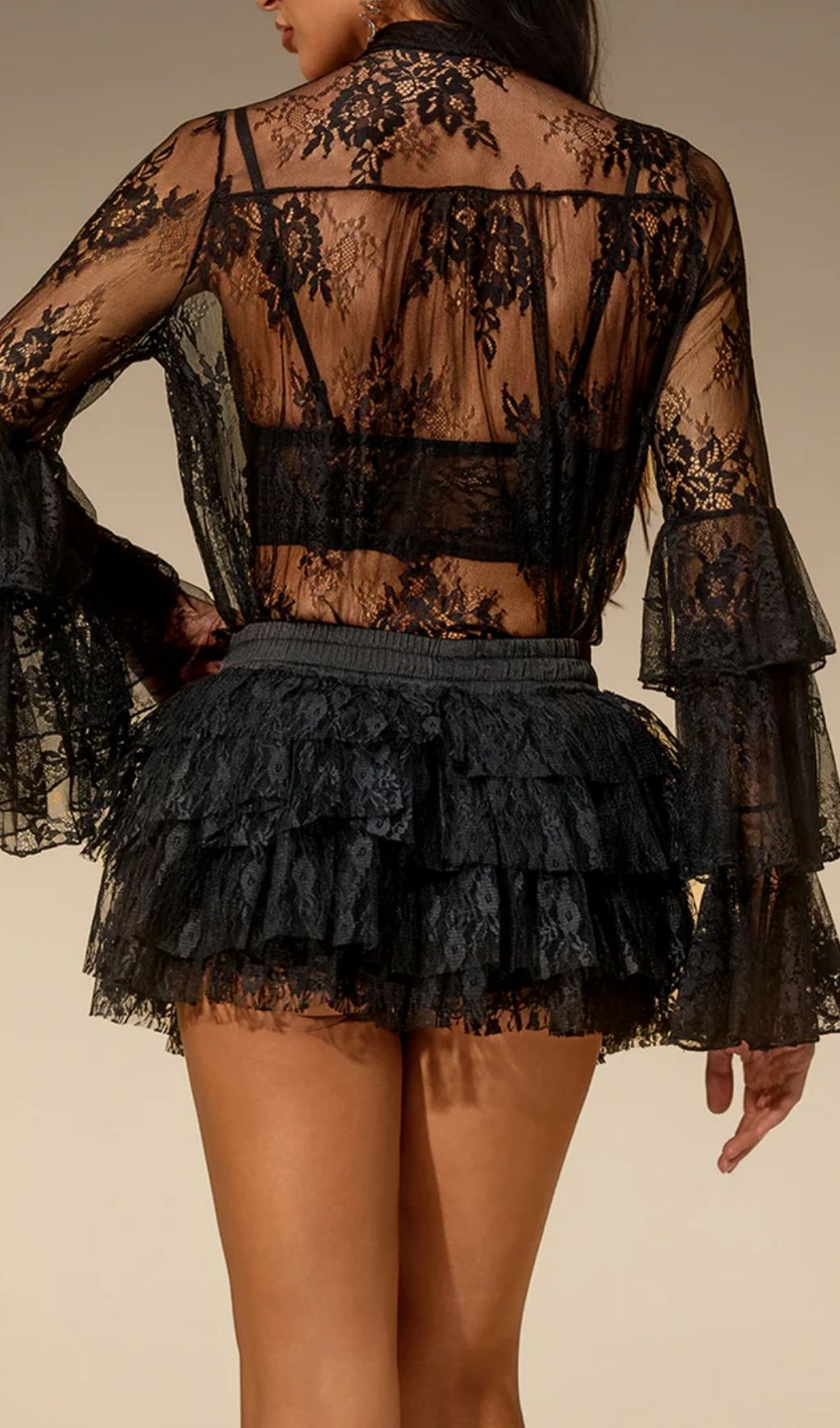 Fashionslee Women Siesha Flare Sleeve Lace Tiered Skirt Set