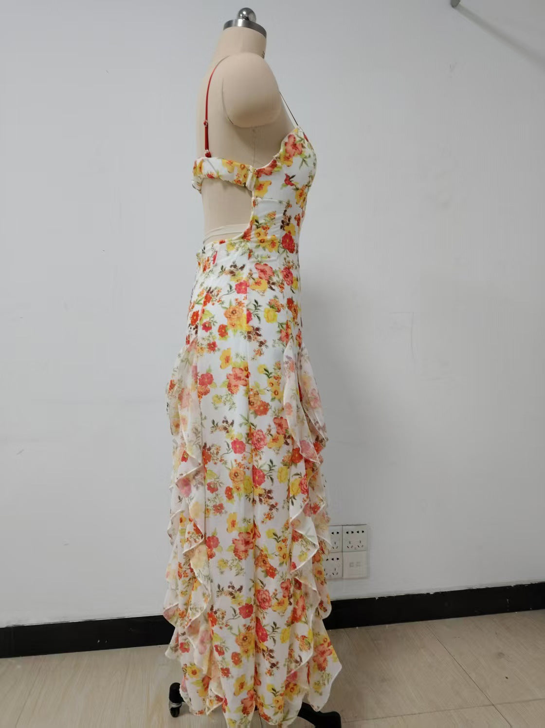 Floral Print Ruffle High Slit Maxi Dress – Red - OWNCI Floral Print Ruffle High Slit Maxi Dress – Red - OWNCI