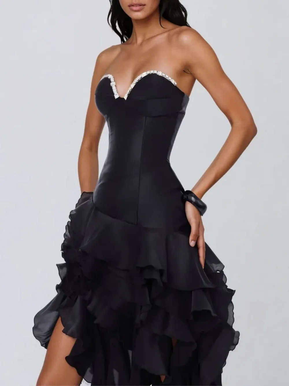 6c9c13b6738877e5161b60a888de5580 Falden Strapless Ruffle Crystal Dress In Black