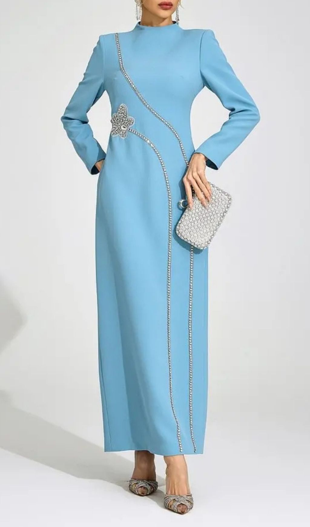 Nicola Diamond Embellished Long Sleeve Maxi Dress - Blue