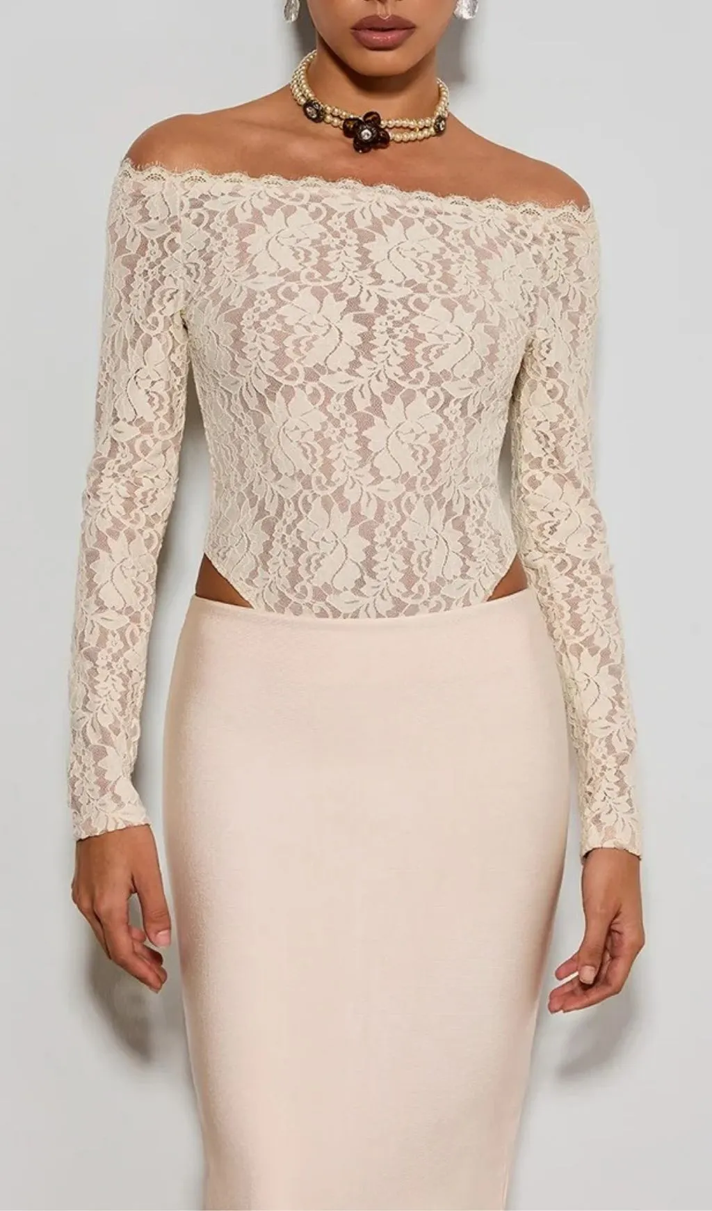 Fashionslee Women Caylen Off Shoulder Lace Bodysuit