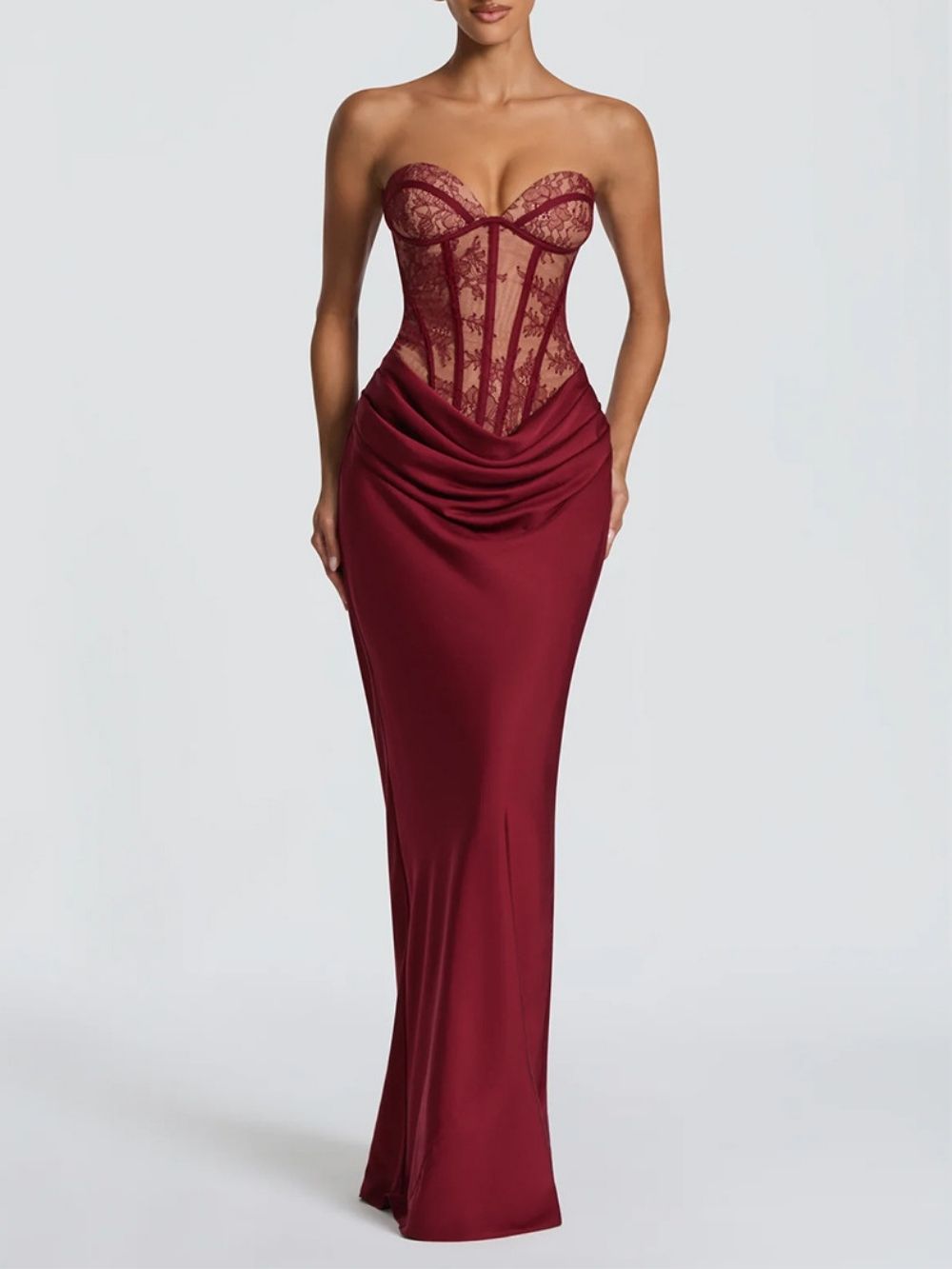 6d40848f0af57bb607eea82b34a09d9f Makyla Red Strapless Lace Ruched Maxi Dress