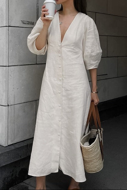 Loose-Fitting Puff Sleeve V-Neck Cotton Linen Midi Dress