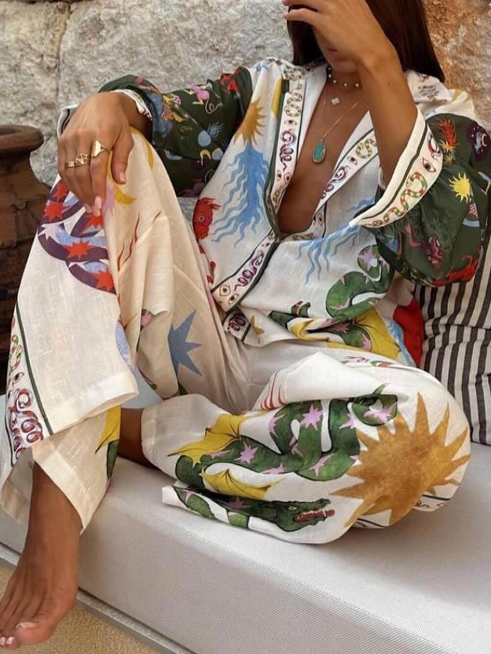 6dc3e714c1287717e286fc4e1c0098af Beauty Unique Print Long Sleeve Shirt And Elastic Waist Pants Set