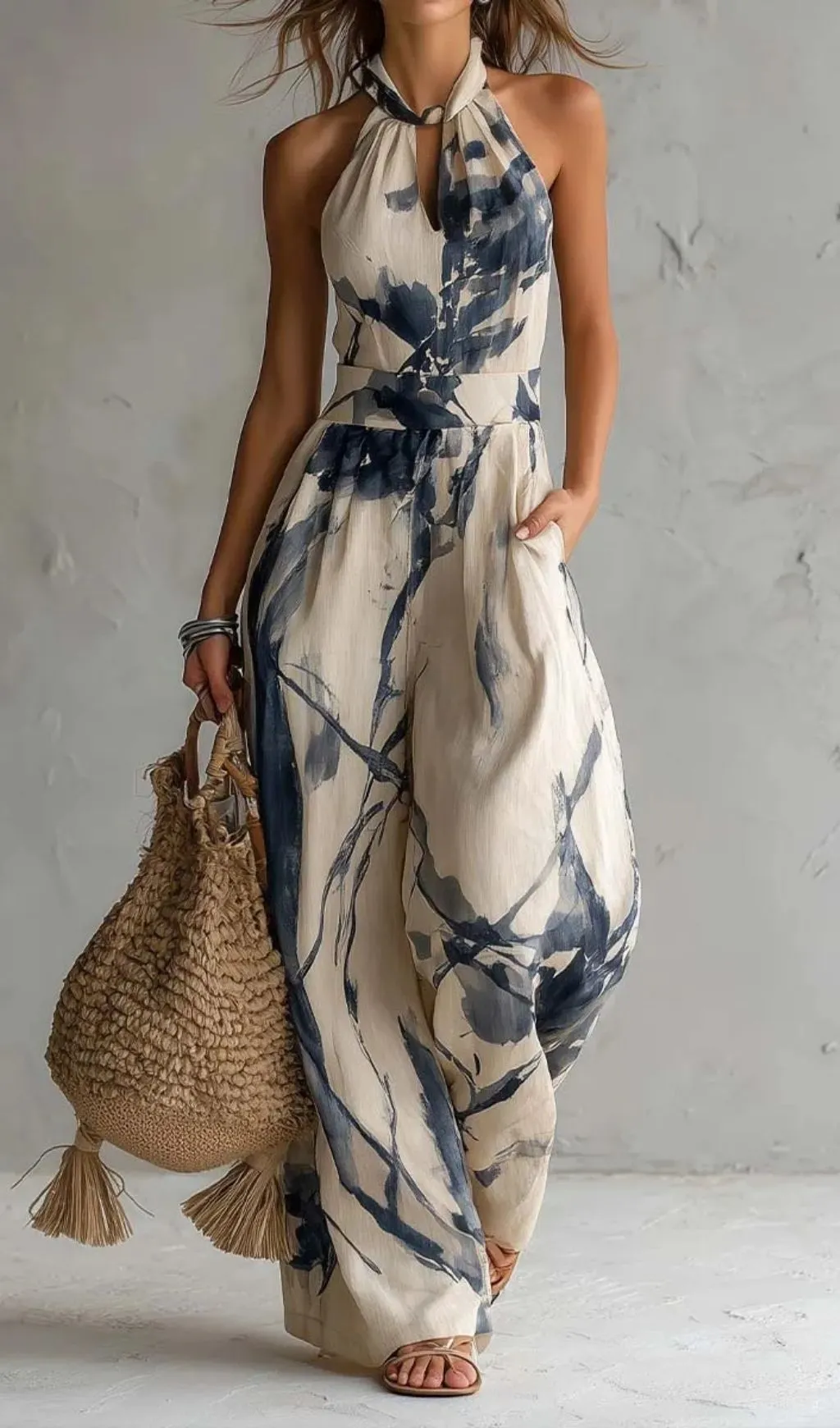 Fashionslee Women Halter Neck Ink Wash Print Wide Leg Jumpsuit With Pockets
