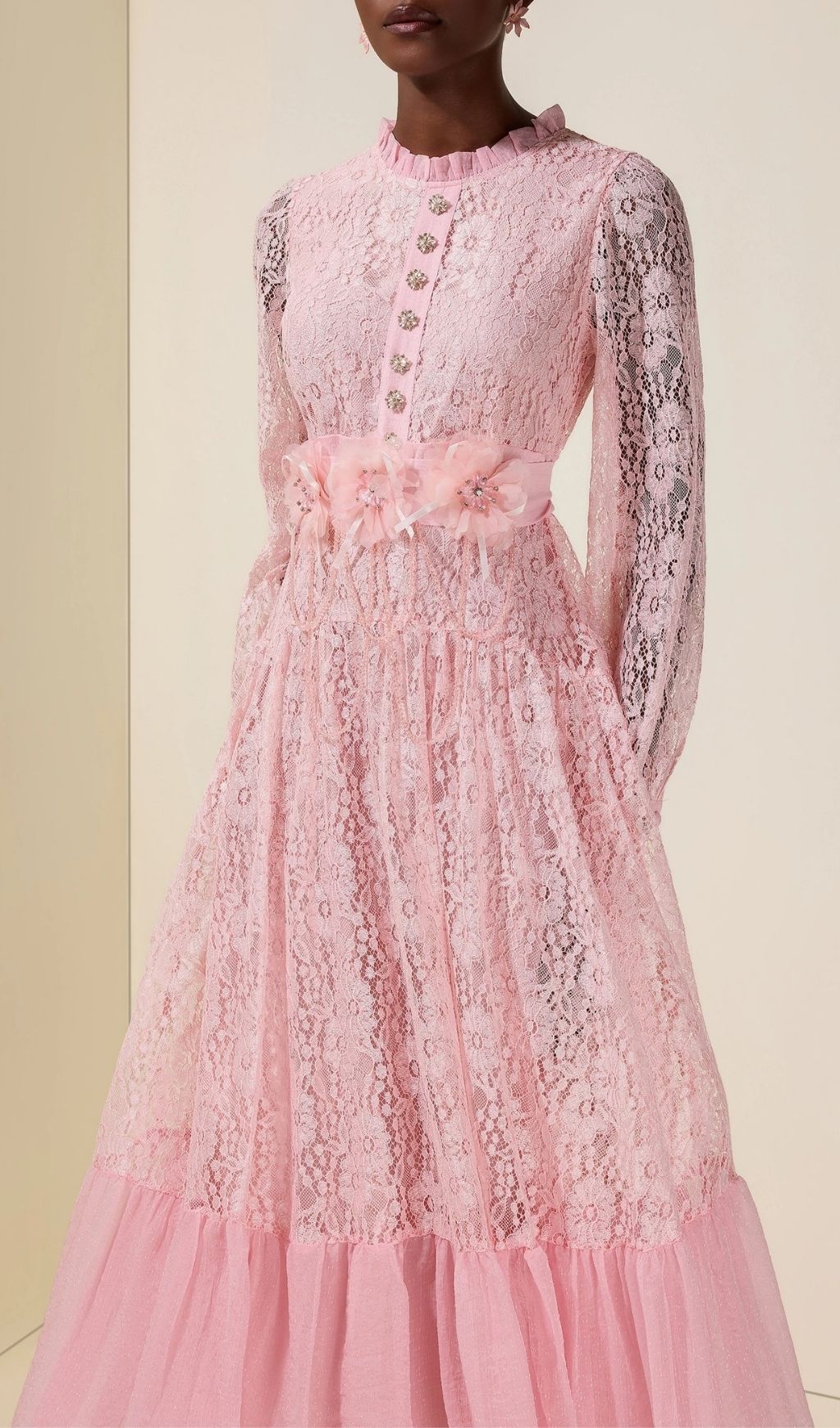 6dd13a7843f4bef83f2021c312a36114 Virginia Lace 3D Flower Rhinestone Rivets Midi Dress - Pink