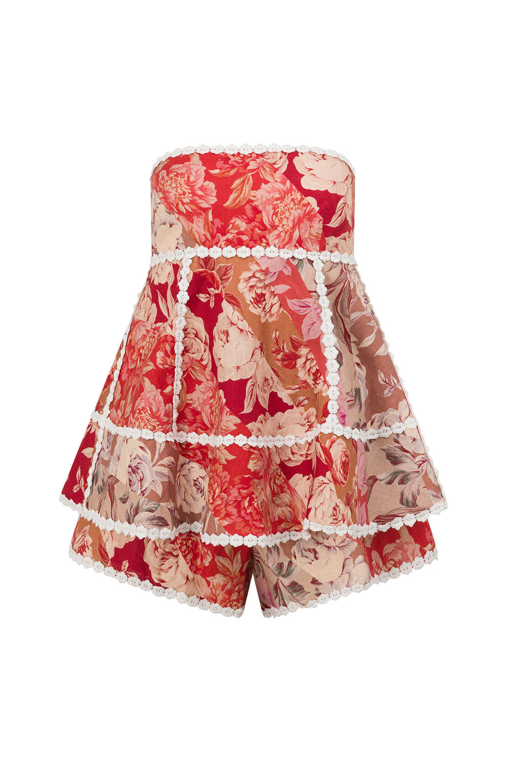 Linen Lace-Trim Print Strapless Top Shorts Set – Red - OWNCI Linen Lace-Trim Print Strapless Top Shorts Set – Red - OWNCI