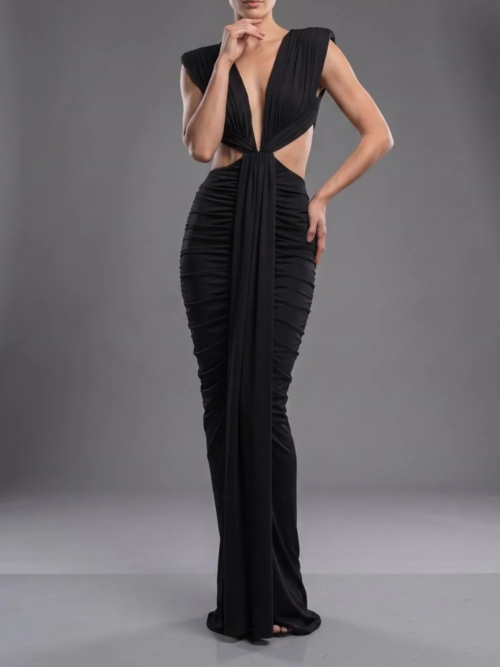 Mali Black Ruched Cutout Maxi Dress - OWNCI