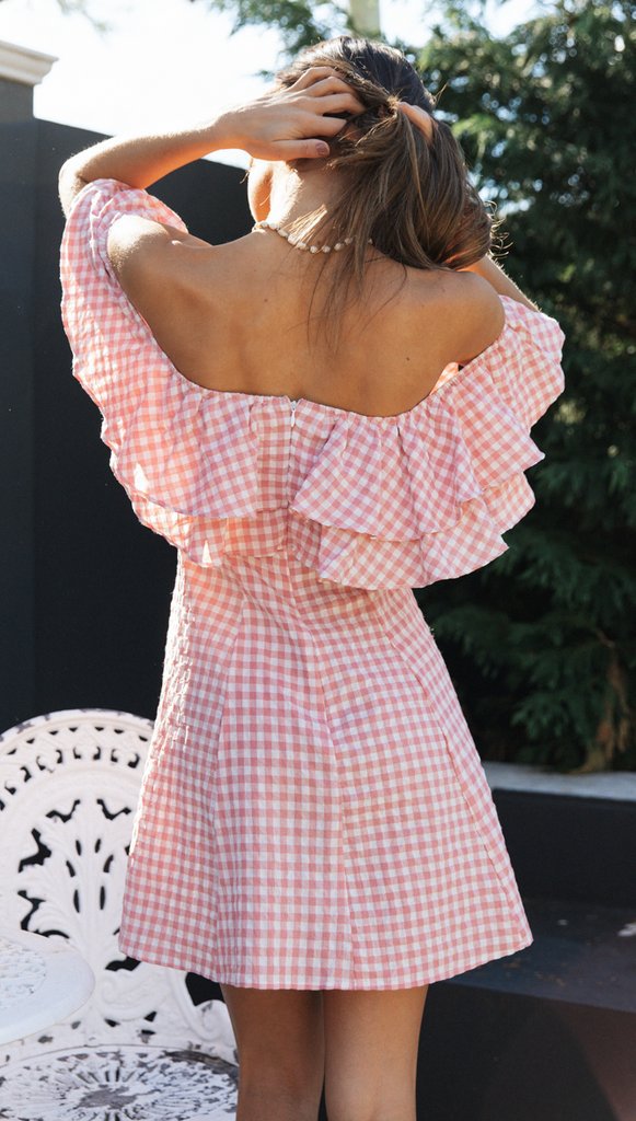 Off Shoulder Ruffle Plaid Mini Dress - Pink