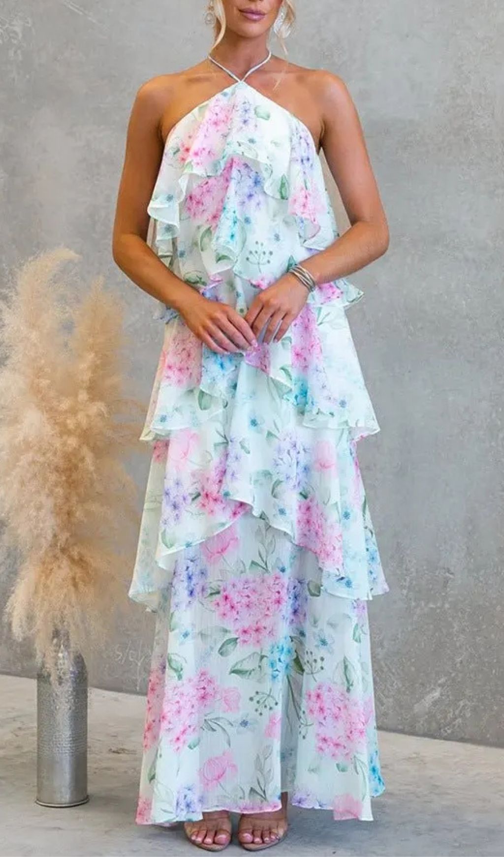Floral Ruffle Halter Neck Midi Dress - Blue