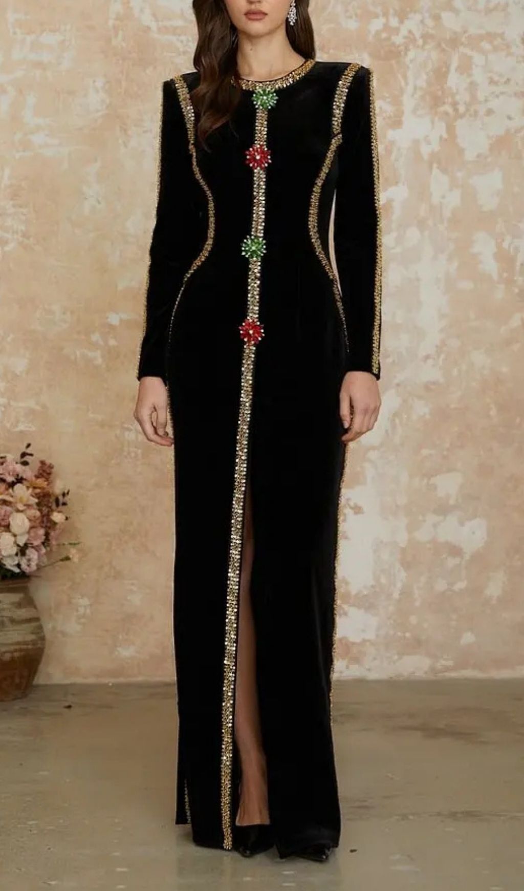 Lydia Black Crystal Embellished Front Slit Maxi Dress