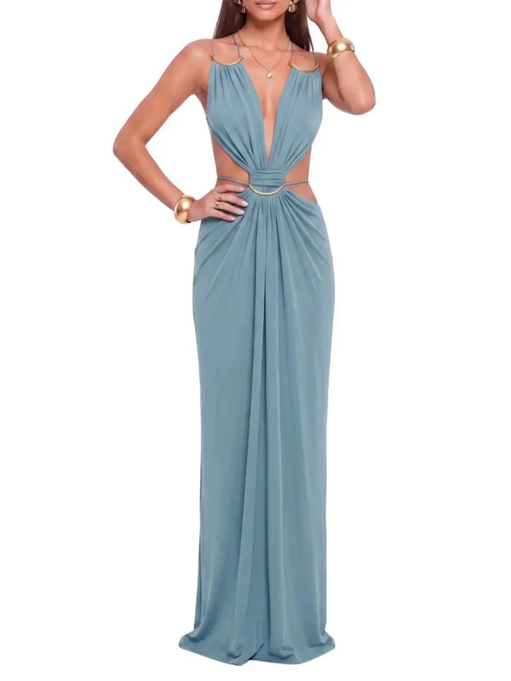 Lorysa Backless Cutout Maxi Dress In Blue - OWNCI Lorysa Backless Cutout Maxi Dress In Blue - OWNCI