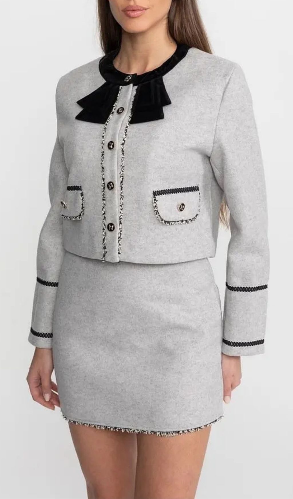 6ee69d47bf772523bfbcbde766b0fa08 Amy Grey Co-Ord Set With Velvet Bow Collar Detail