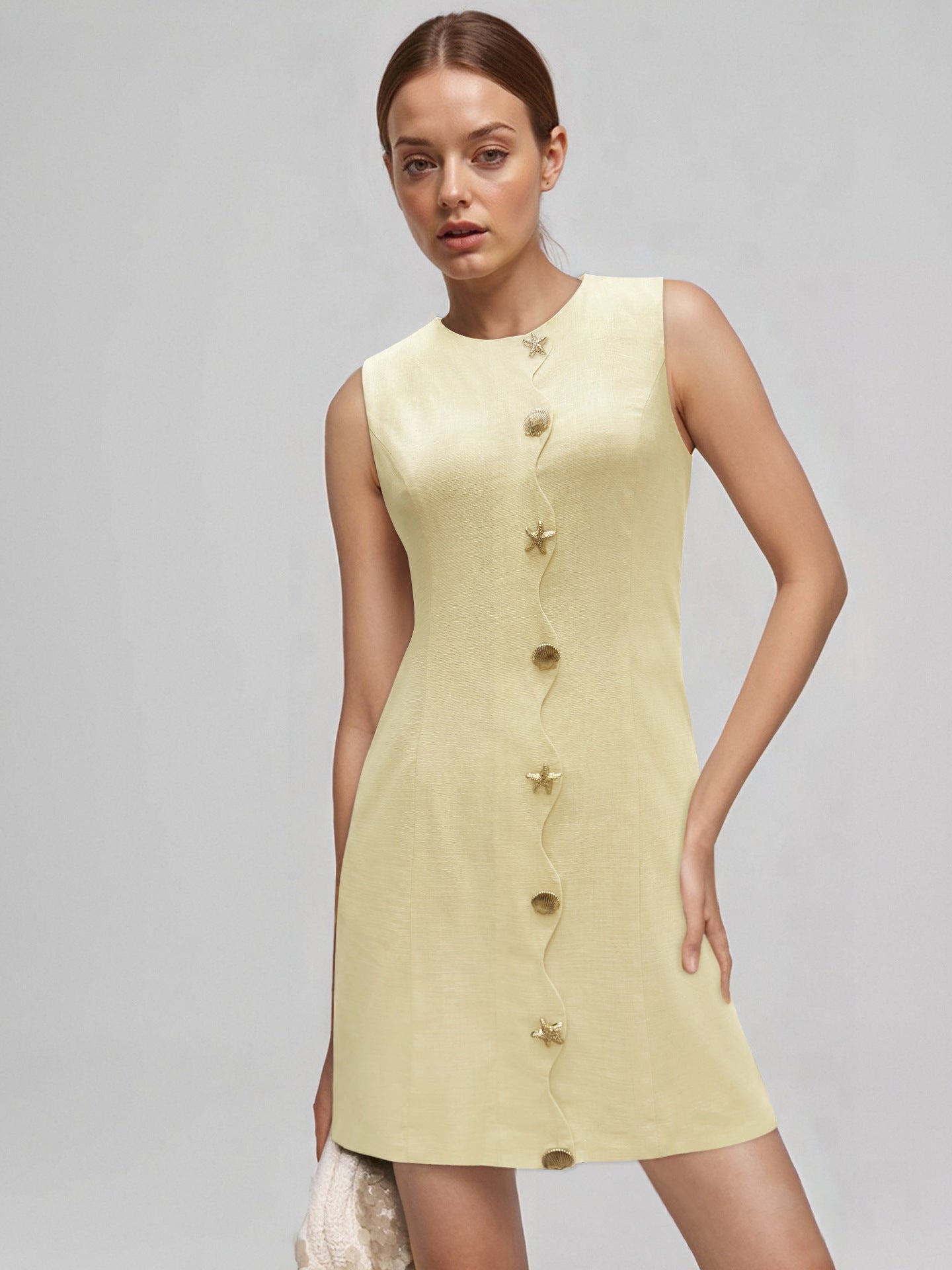 6ef07eceb8ce9cc82deb1d0f26039f9d Pale Yellow Sleeveless Round Neck Star Shell Button Straight Mini Dress