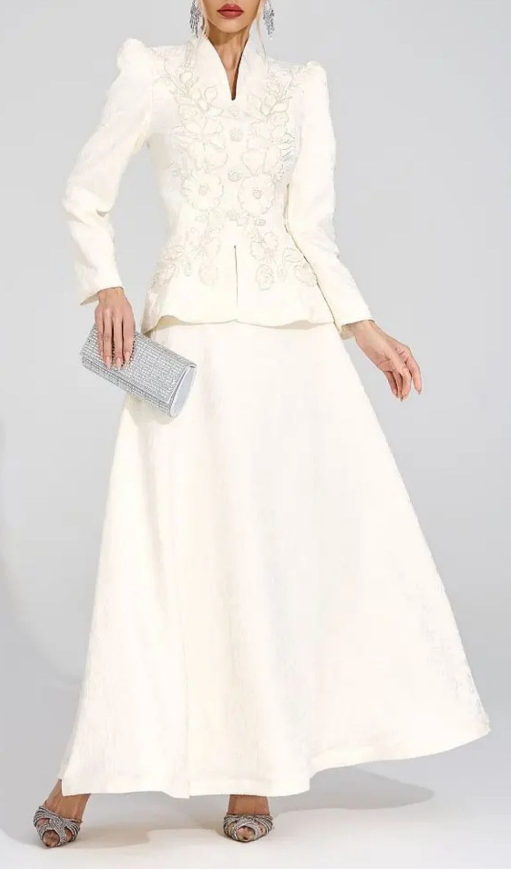 Sabrina Floral Embroidered Coat Maxi Skirt Set – Apricot - OWNCI