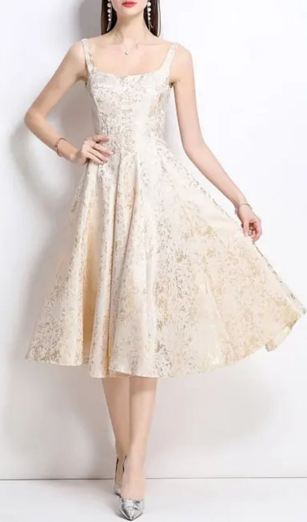 6f684dc04a4a240c63b3944145d3544f Vanessa A-Line Jacquard Midi Dress - Apricot