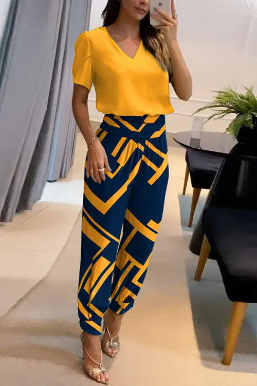 Casual V-Neck Printed Short Sleeve Long Pants Two-Piece Set - OWNCI