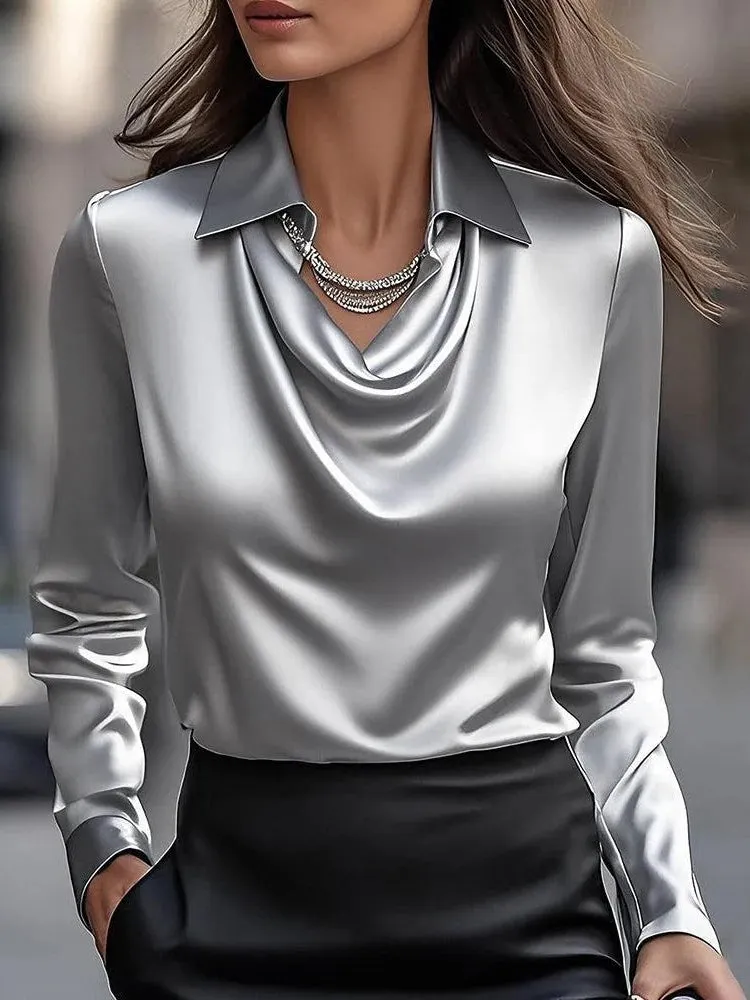 Solid Satin Floral Print Simple Swing Collar Shirt Top