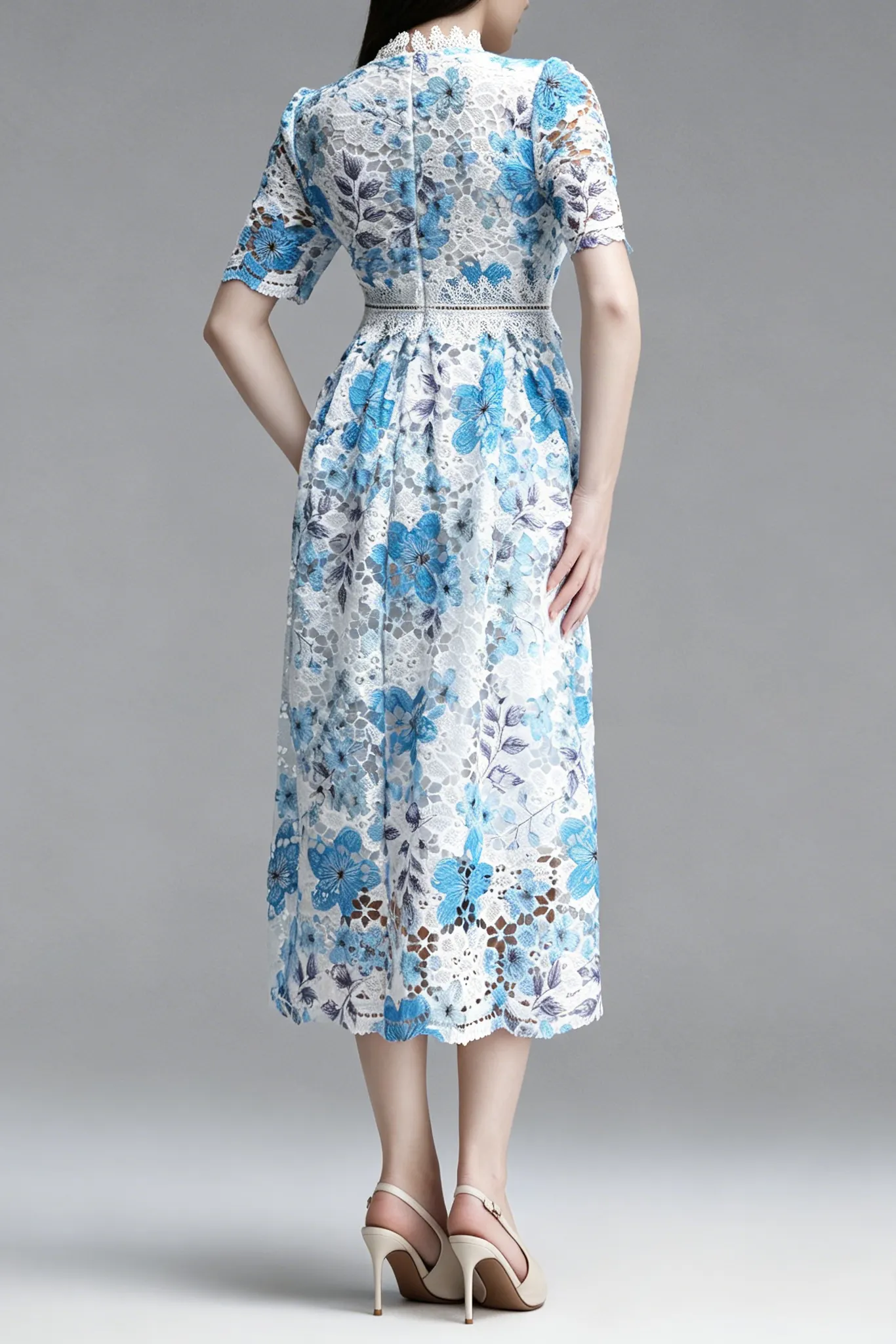 Blue Floral Hollow Lace High Neck Short Puff Sleeve Midi A-Line Dress