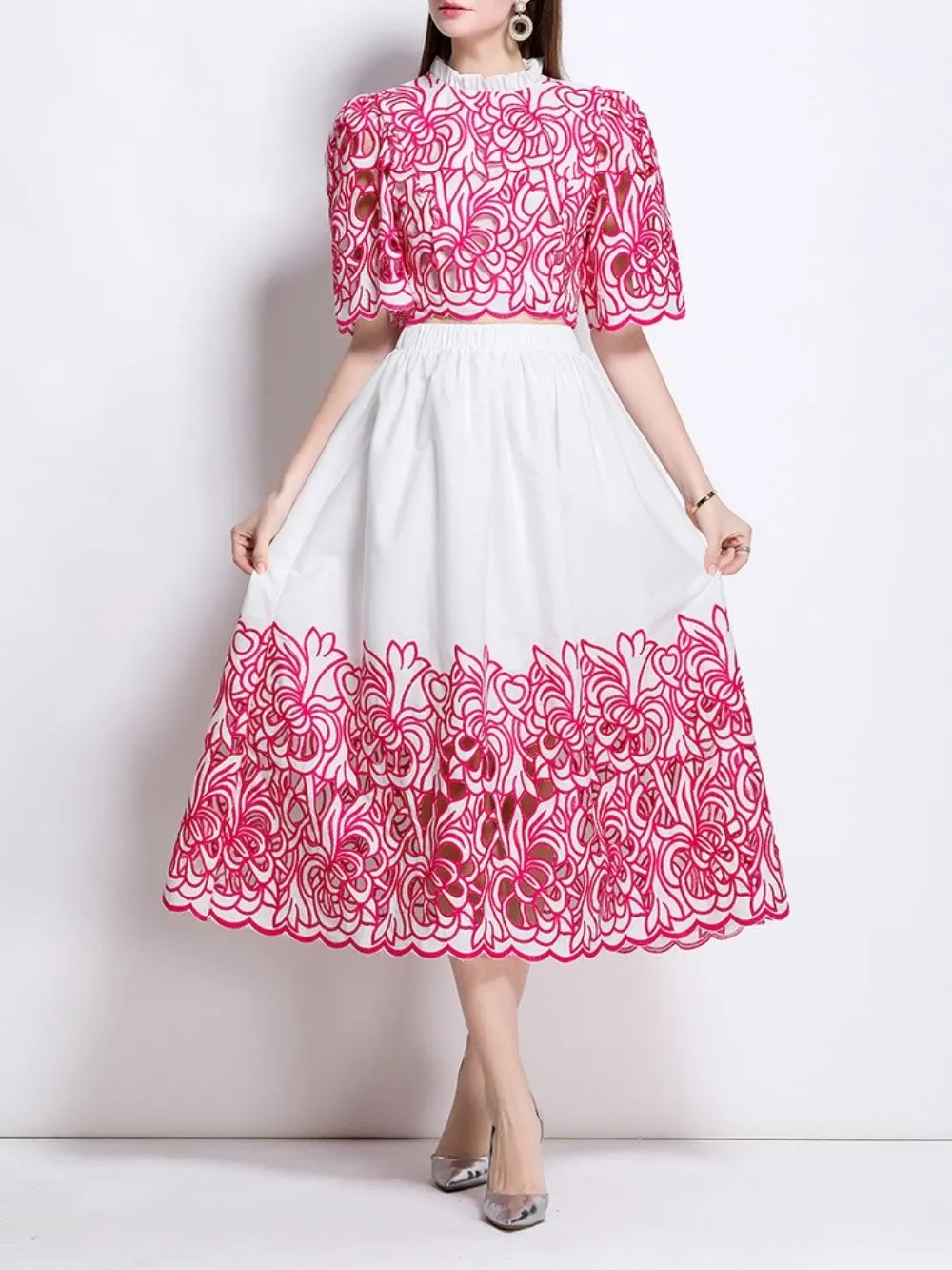 Mahira Rose Red Flower Embroidery Two-Piece Set - OWNCI