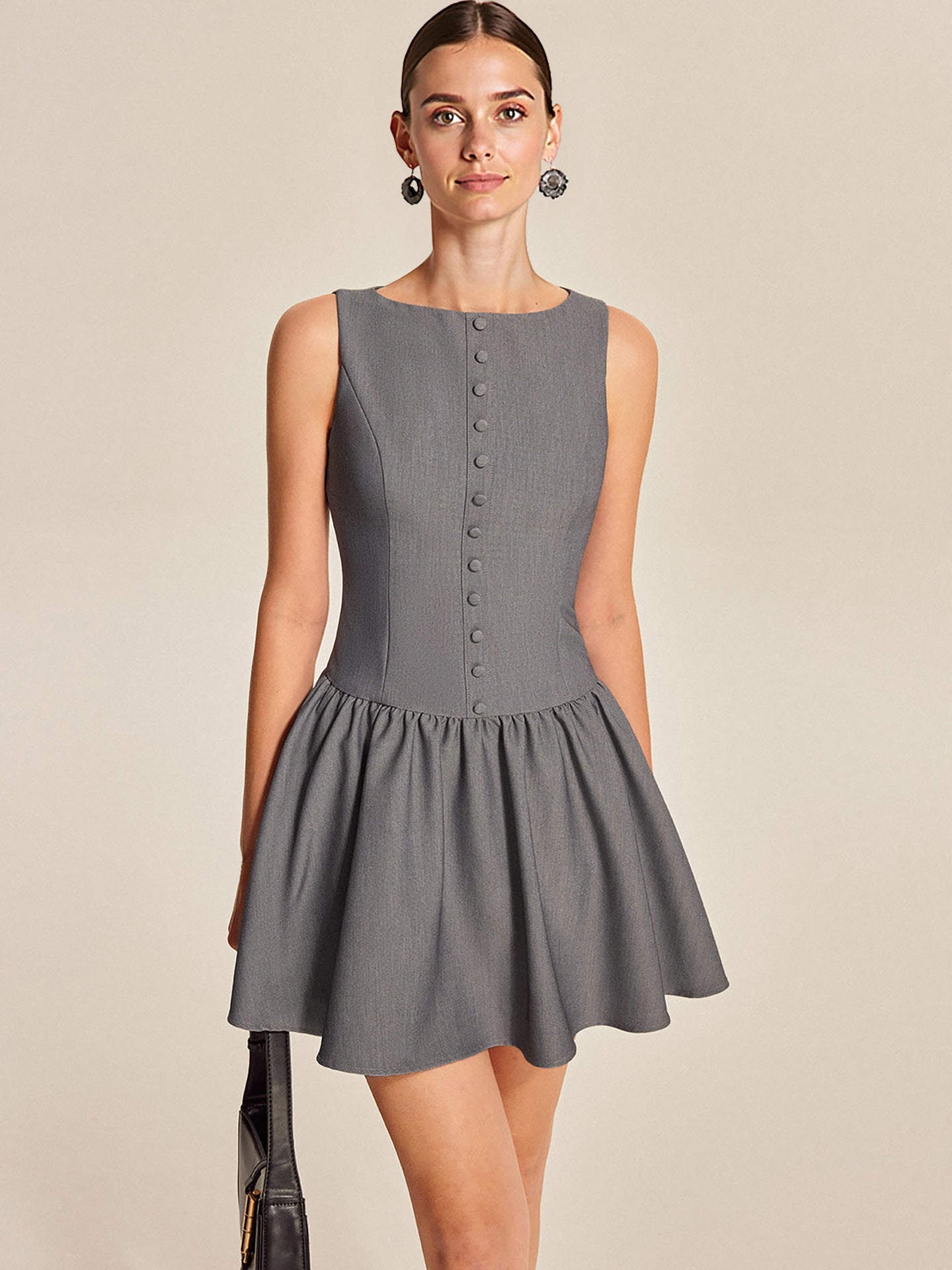 Grey Boat Neck Sleeveless Button Front Gathered Flare Mini Dress