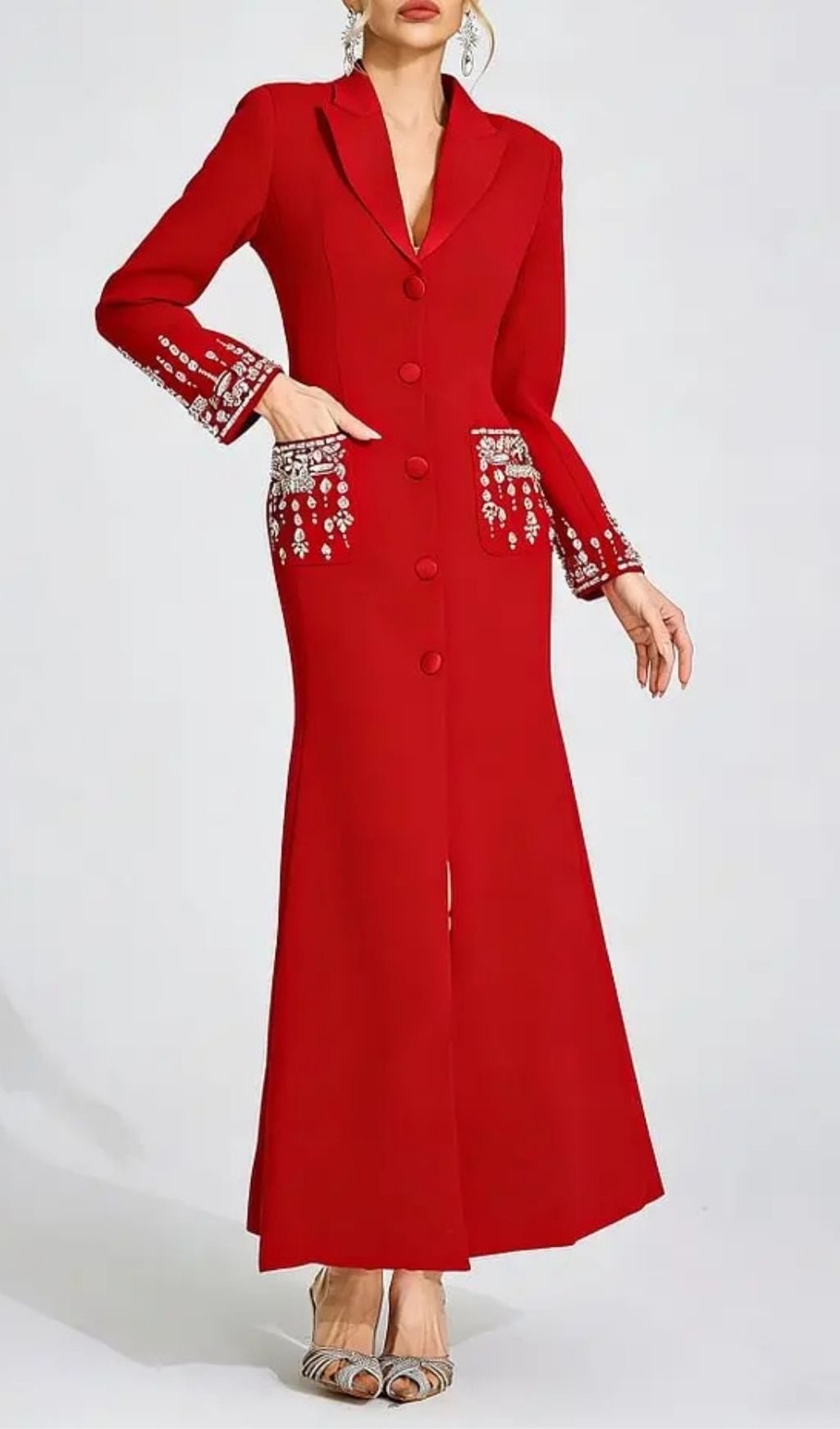 Simona Red Diamond Embellished Maxi Dress