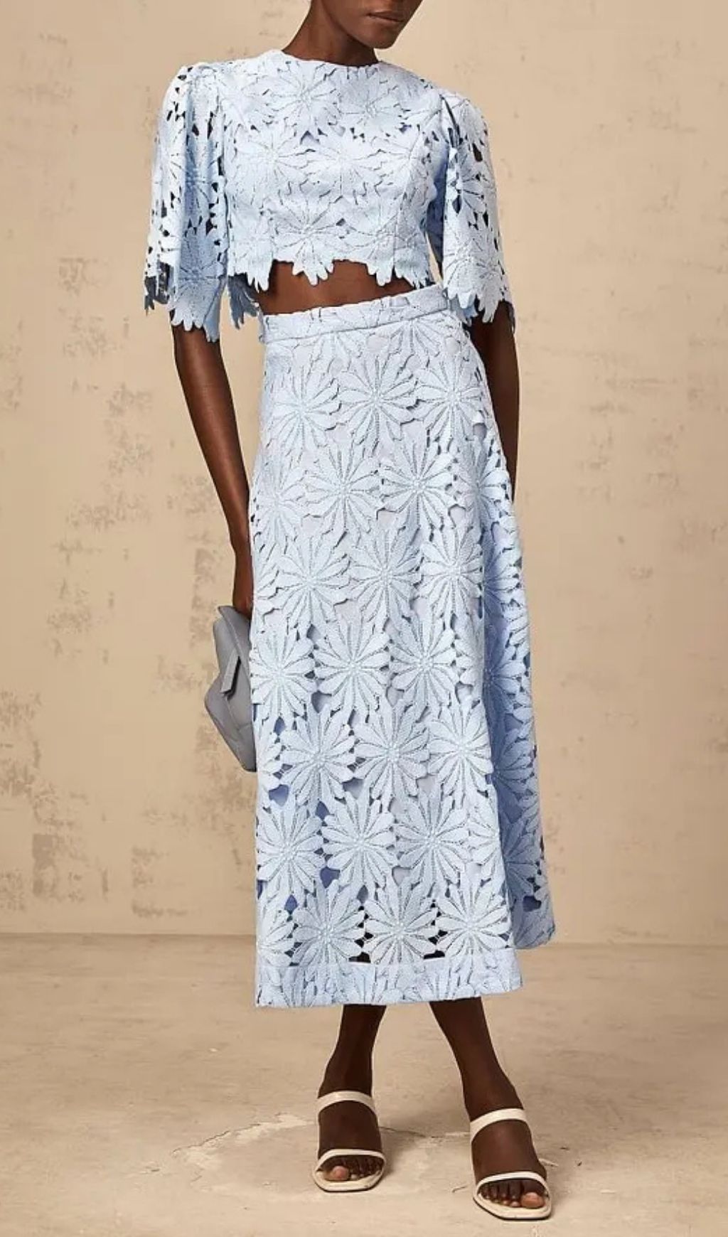 Penny Openwork Floral Lace Blouse Maxi Skirt Set - Blue