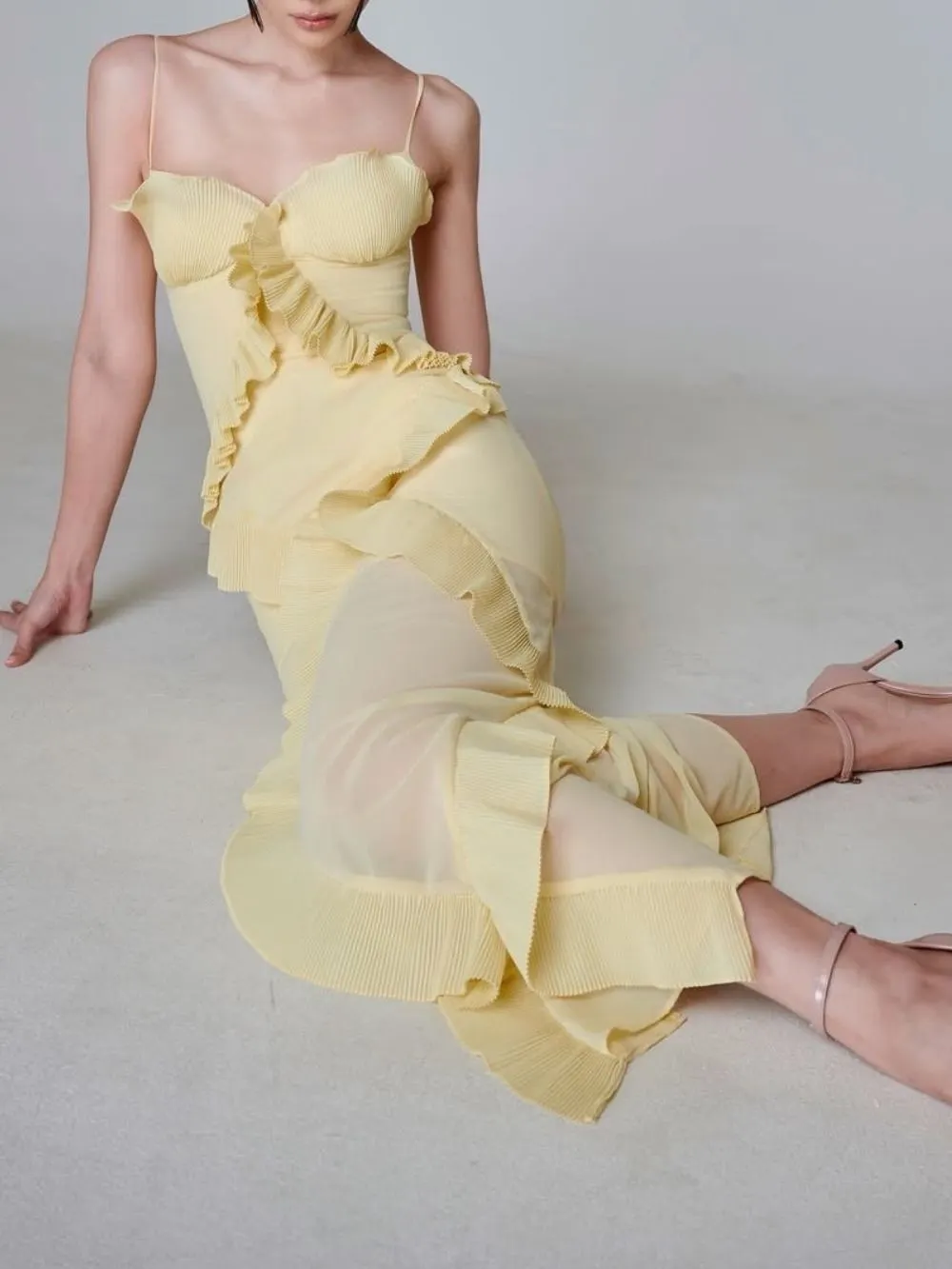Mallie Yellow Spaghetti Pleated Ruffle Maxi Dress