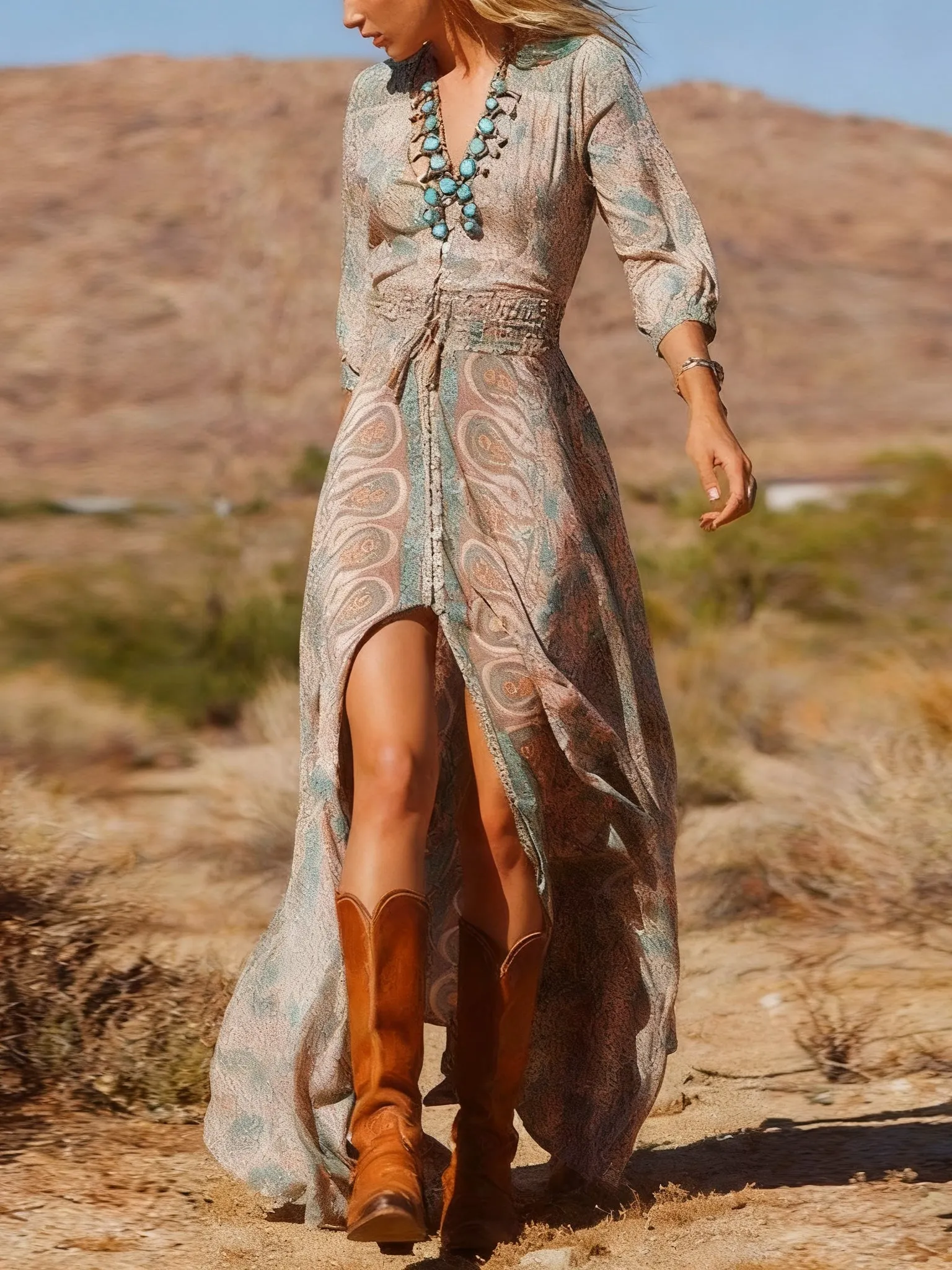 70da1898a2dba5e8b799c0efe70f4a4b Western Style Boho Print Slit Maxi Dress