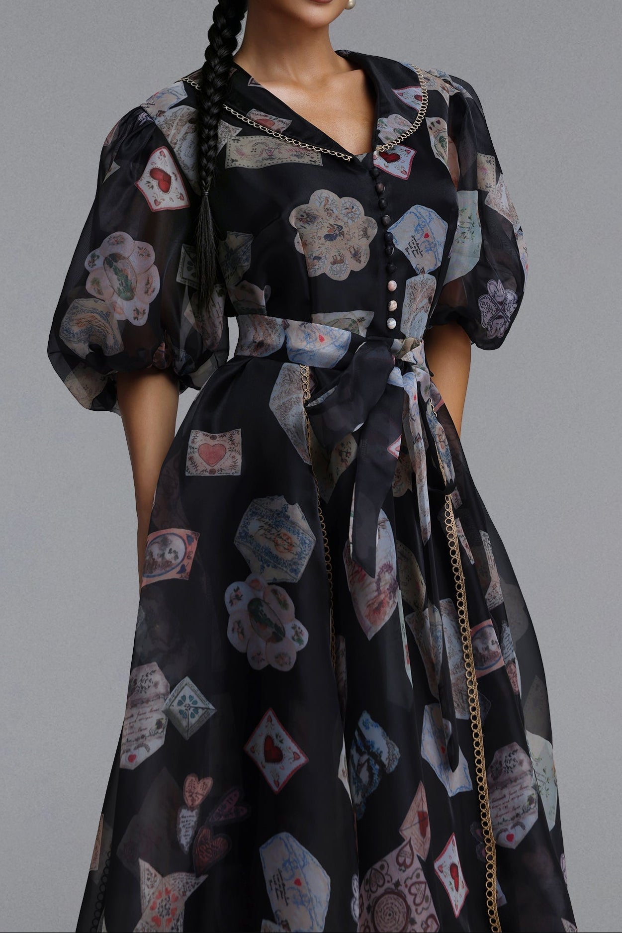 V-Neck Balloon Sleeve Playing Card Print Belted Midi Dress