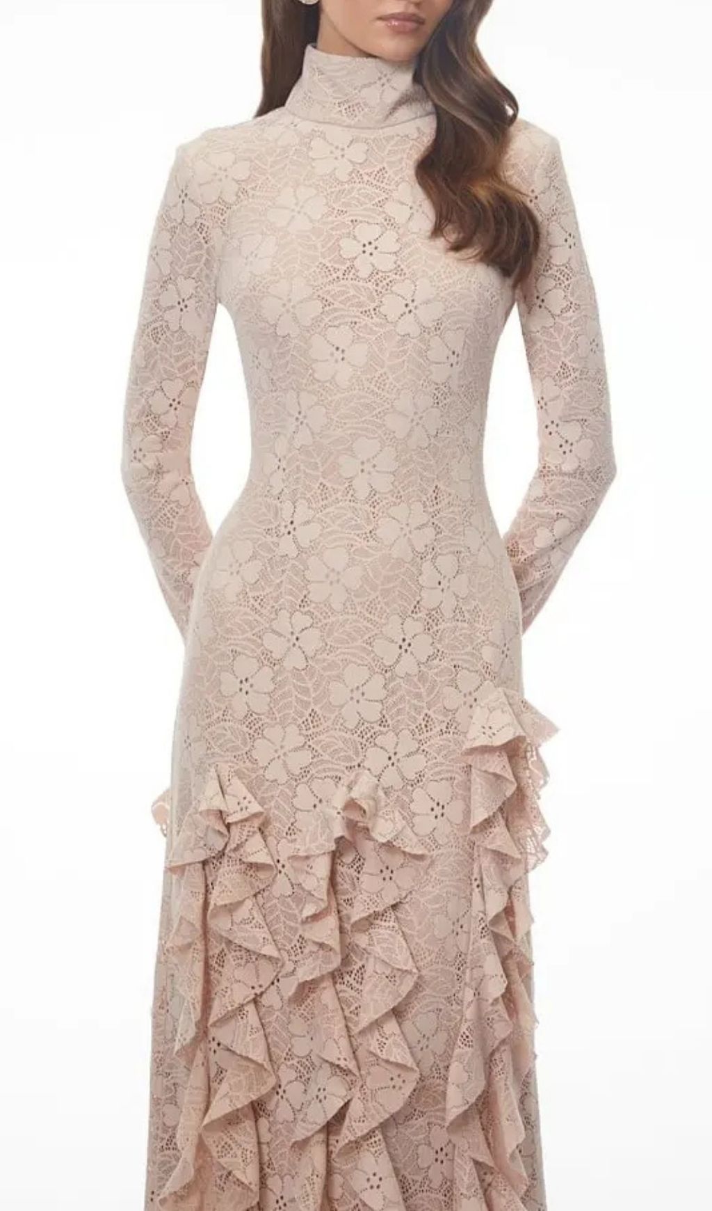 Michelle Nude Floral Lace Ruffled Maxi Dress