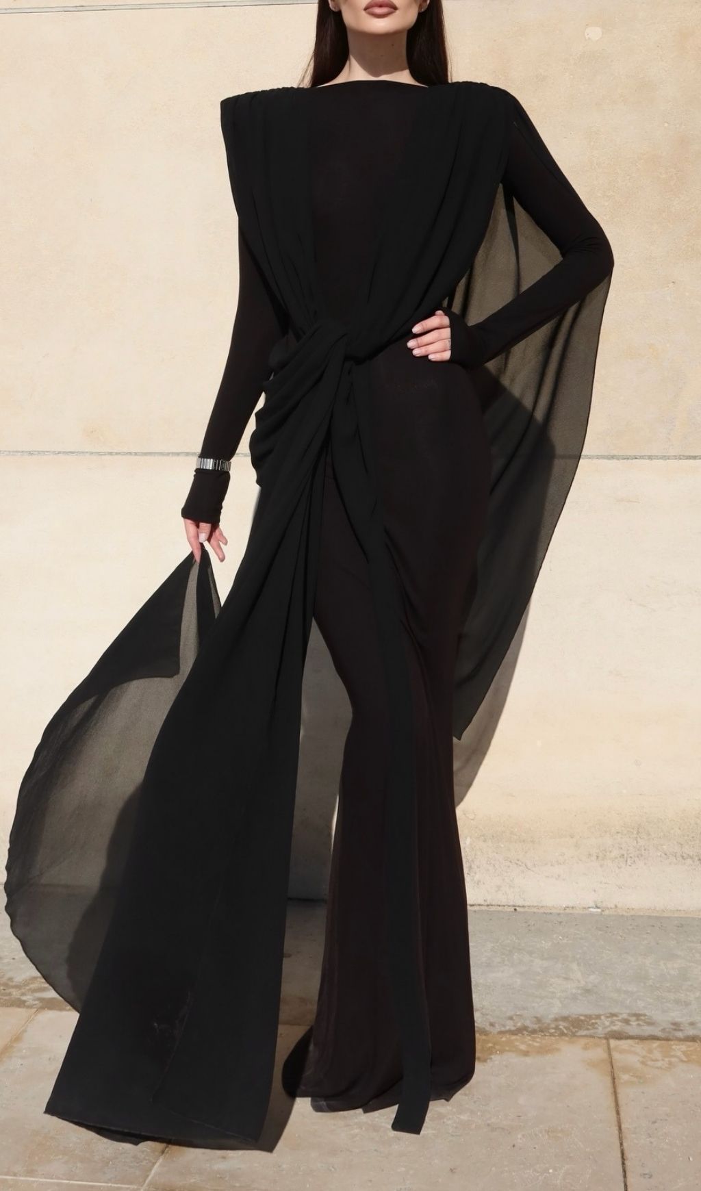 Launa Black Long Sleeve Ruched Maxi Dress for Evening - black, textured maxi dress by OWNCI