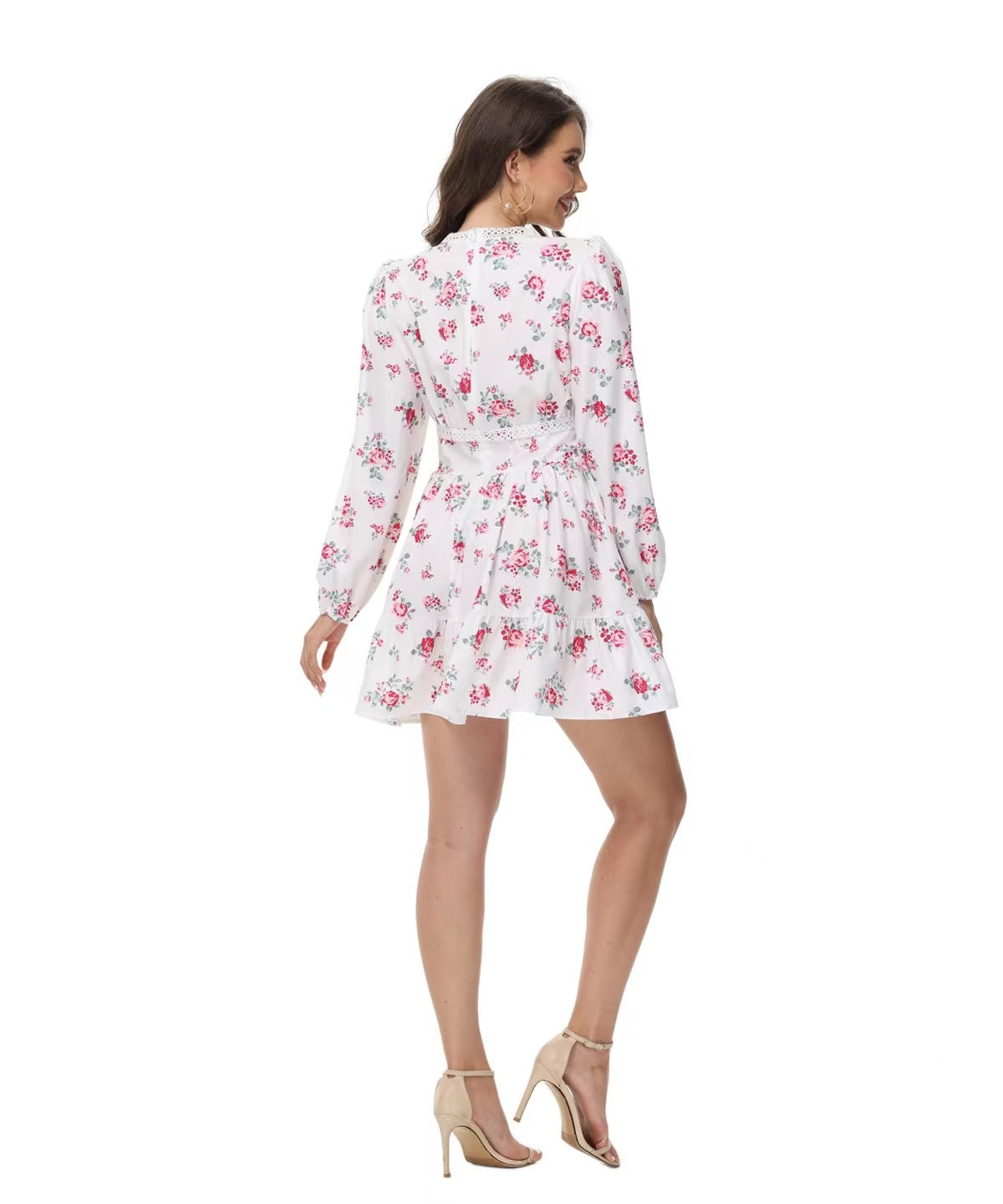Printed V-Neck Puff Sleeve Lace Mini Dress