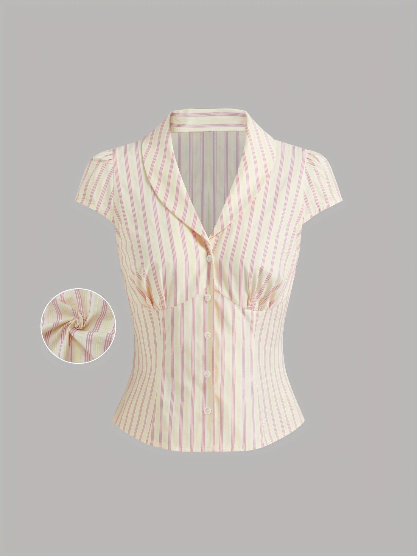 Pleated Striped Buttoned Short Sleeve Shirt