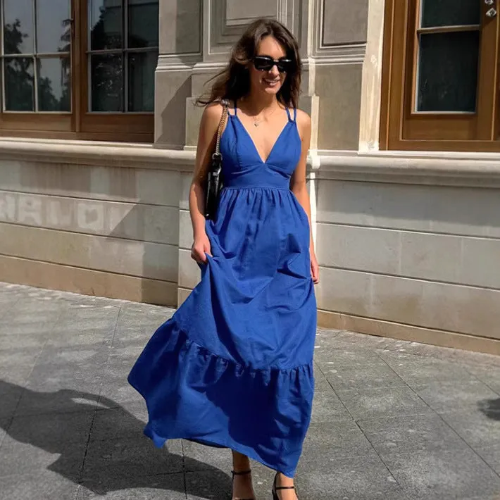 Blue V-Neck Camisole Linen A-Line Maxi Dress