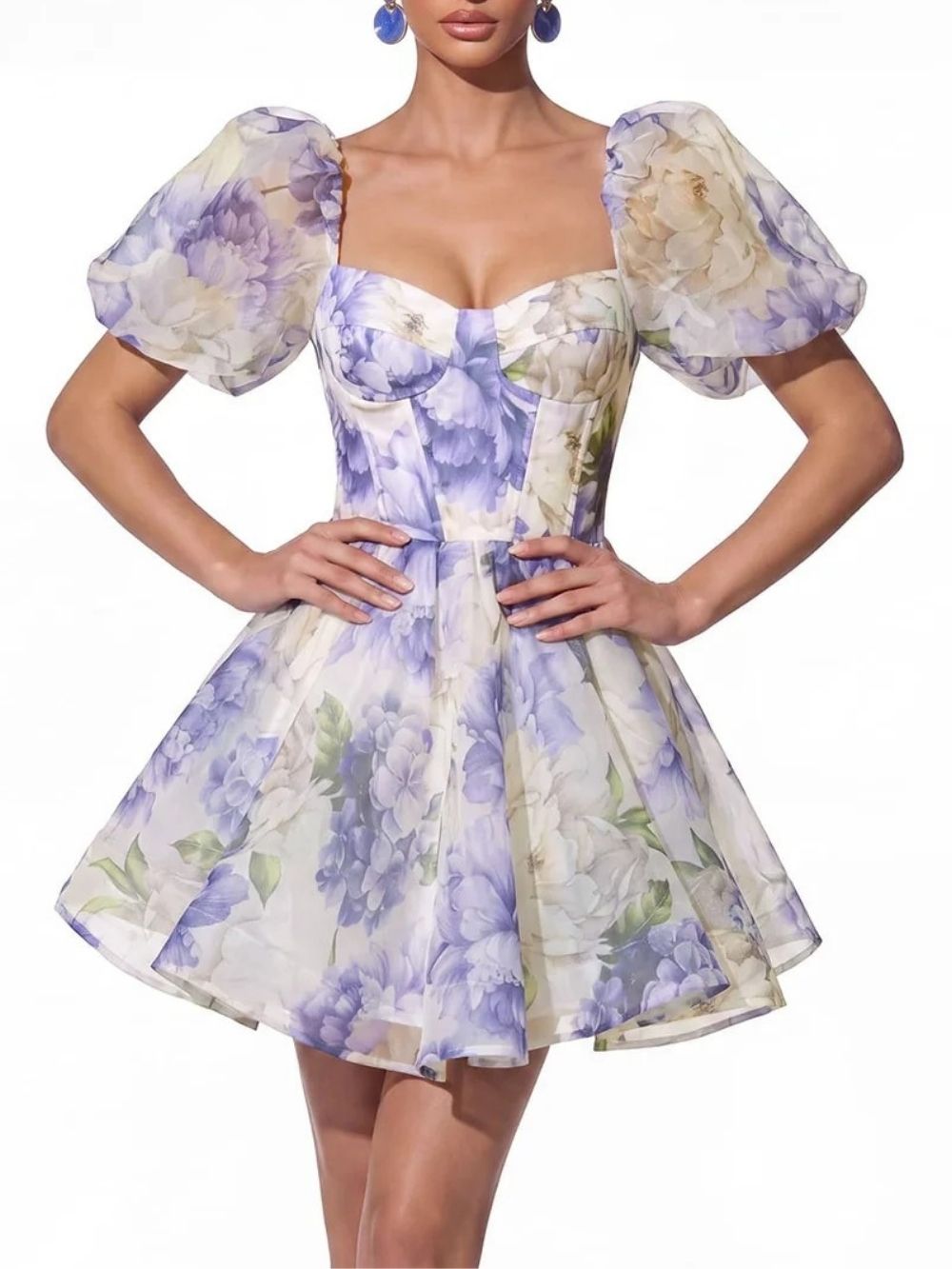 Fay Puff Sleeve Floral Organza Mini Dress