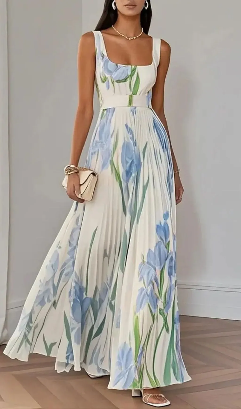 714bde0d541a3fdffce21e7256473cbf.webp Fashionslee Women White Pleated Floral Chiffon Square Neck Sleeveless A-Line Maxi Dress