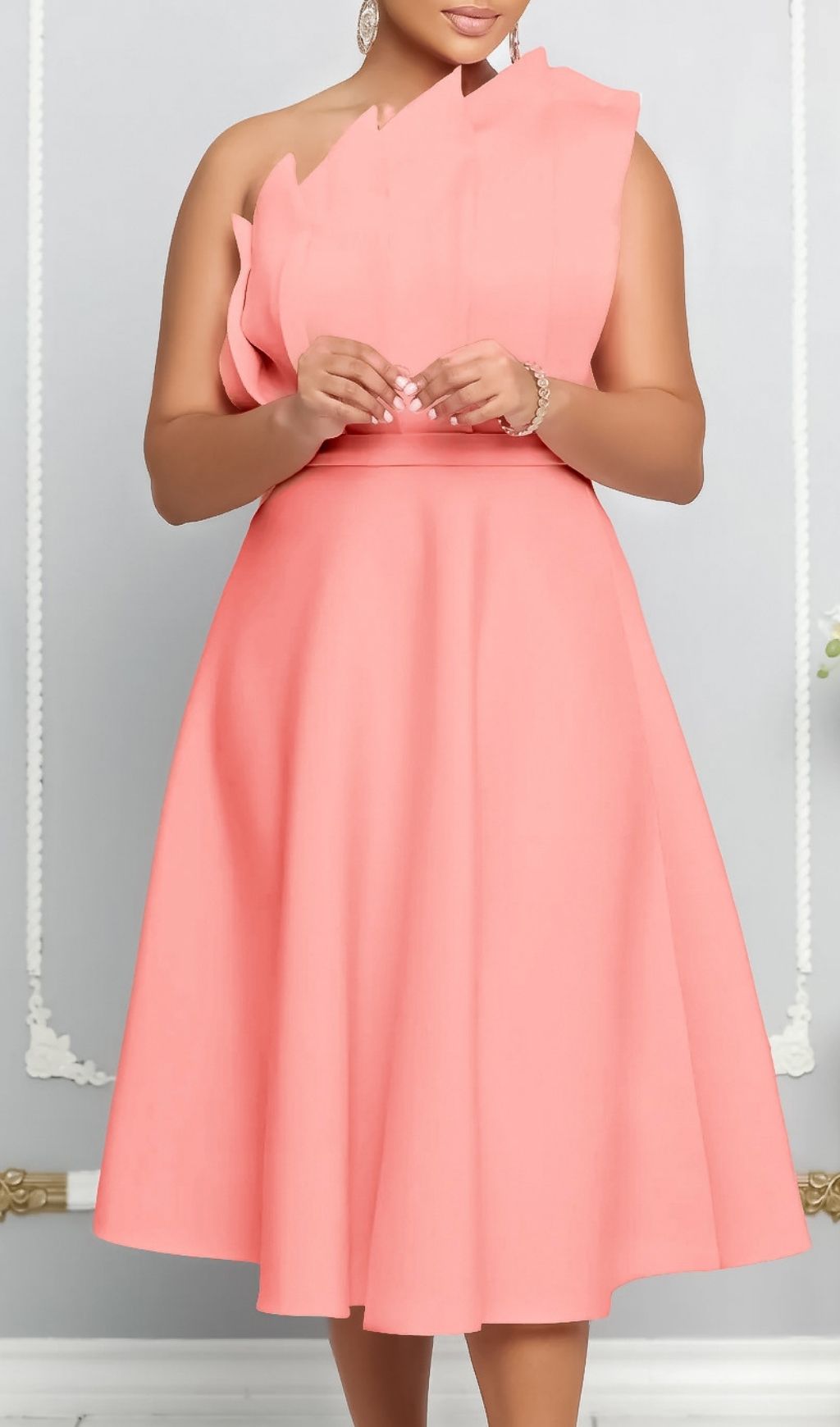 Dolores Ruffled Hem Strapless One-Shoulder Full Midi Dress