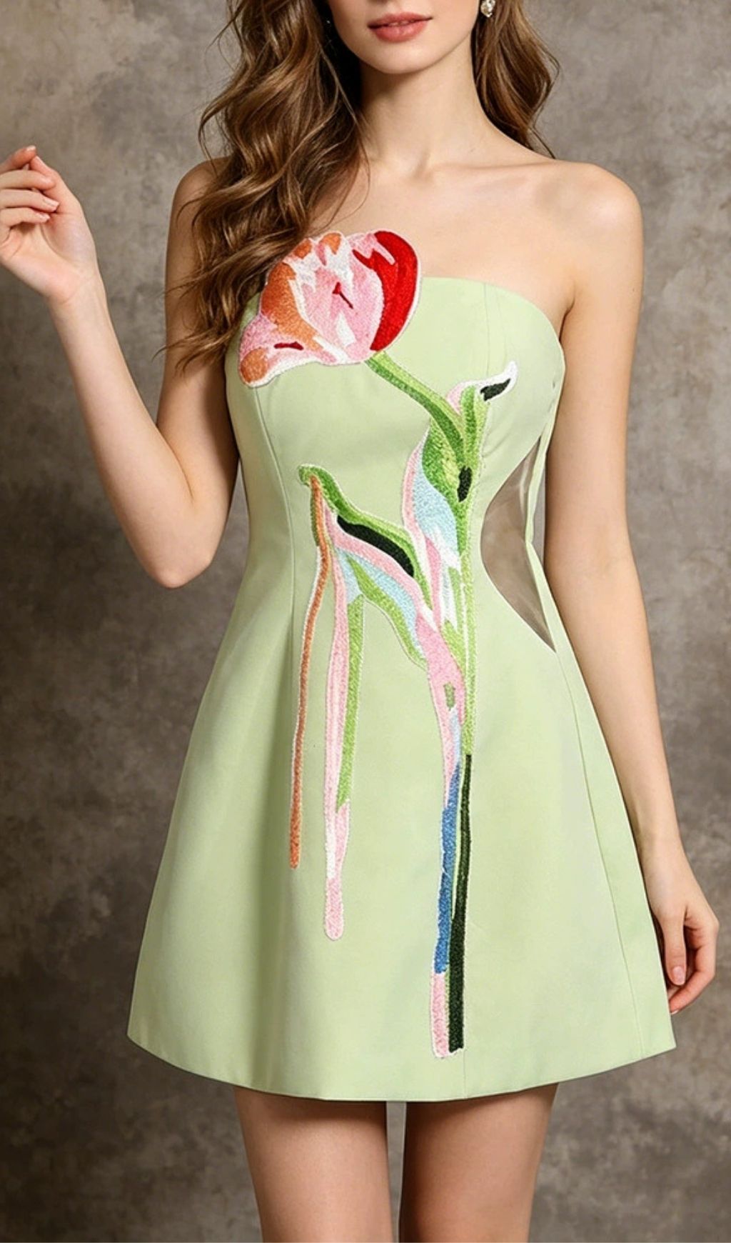 Fashionslee Women Leona Green Strapless Flower Embroidery Mini Dress