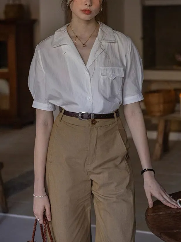 White Short-Sleeve Cotton Brocade Textured Shirt Top