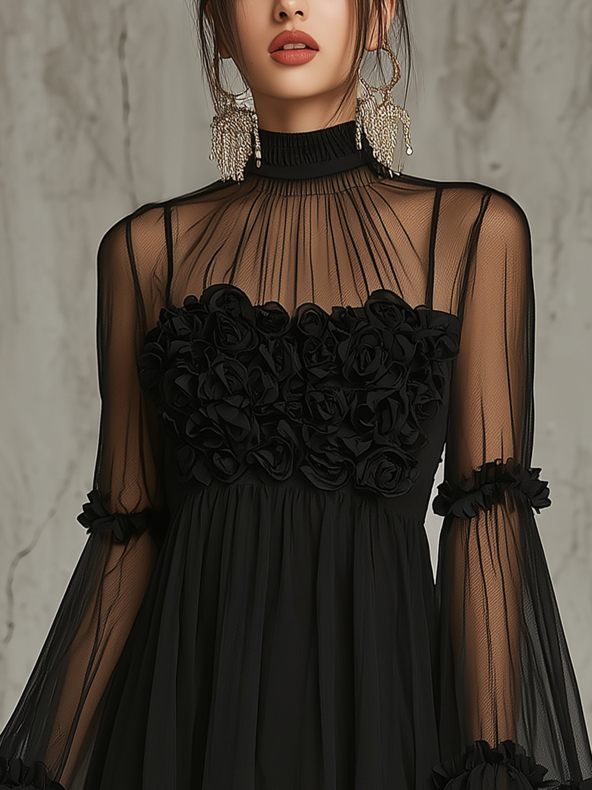 Black Sheer Floral Appliqué High Neck Pleated Chiffon Mini Dress - OWNCI Black Sheer Floral Appliqué High Neck Pleated Chiffon Mini Dress - OWNCI