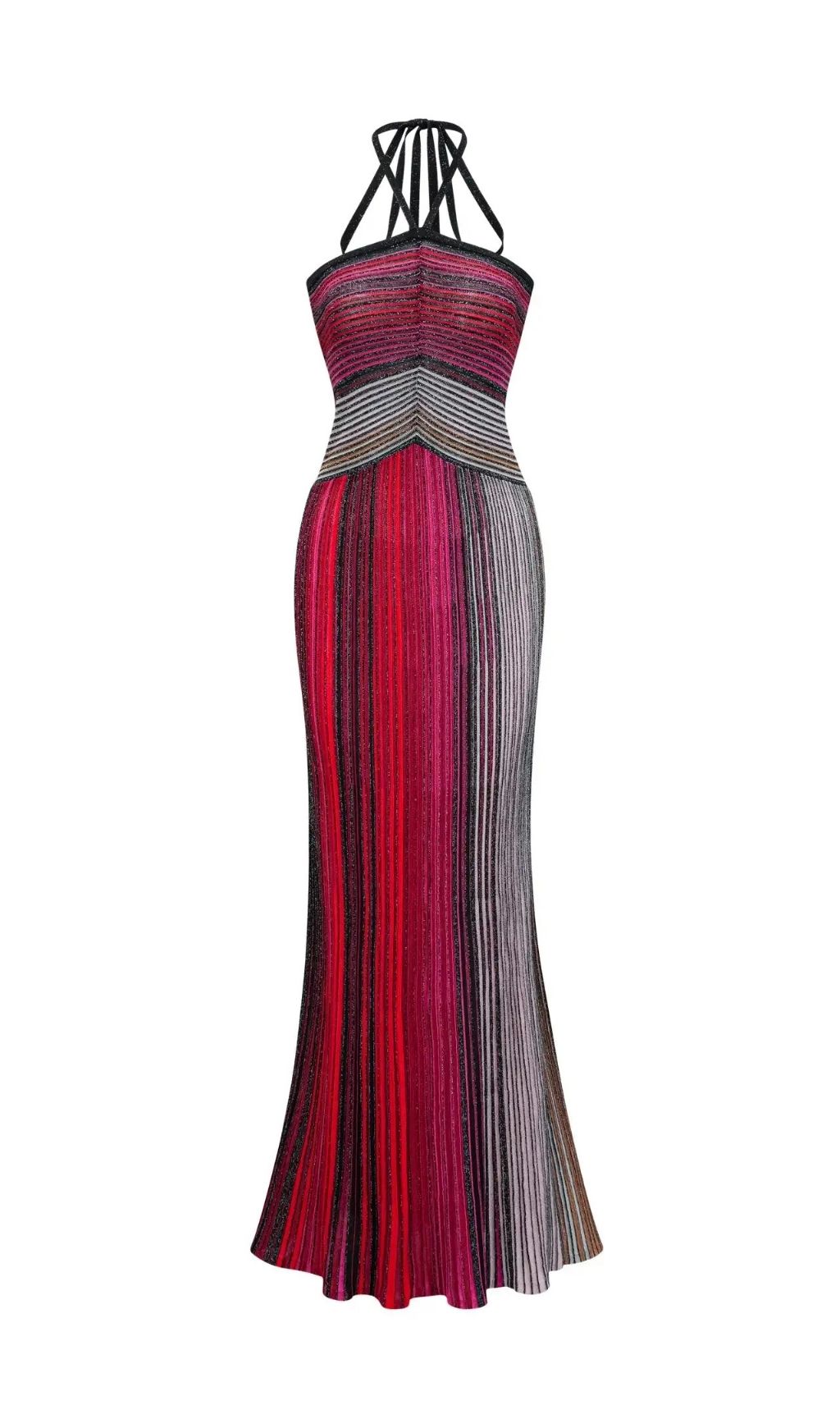 Ulysse Red Metallic Knit Halterneck Maxi Dress