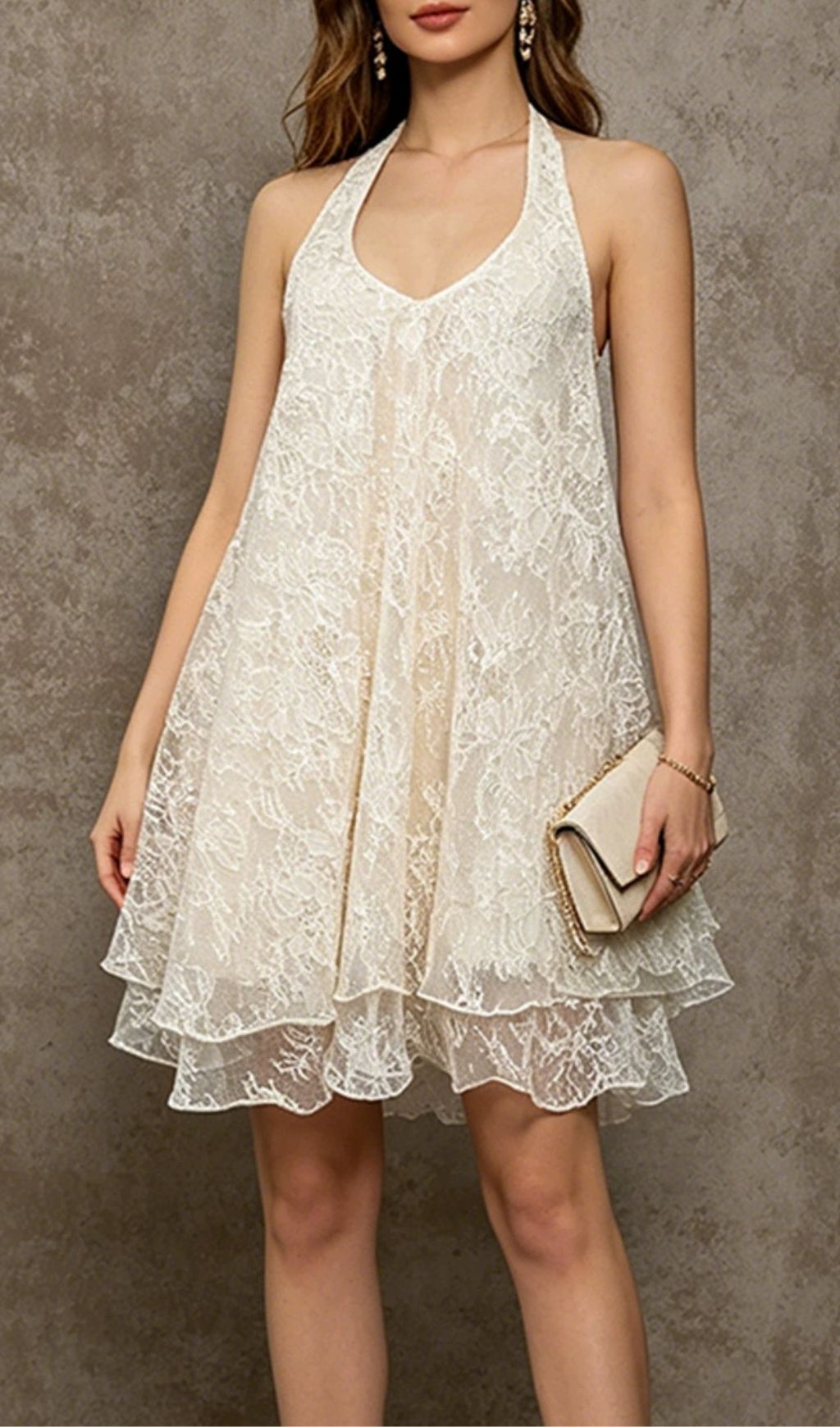 Fashionslee Women Leontine Halter Lace Backless Mini Dress
